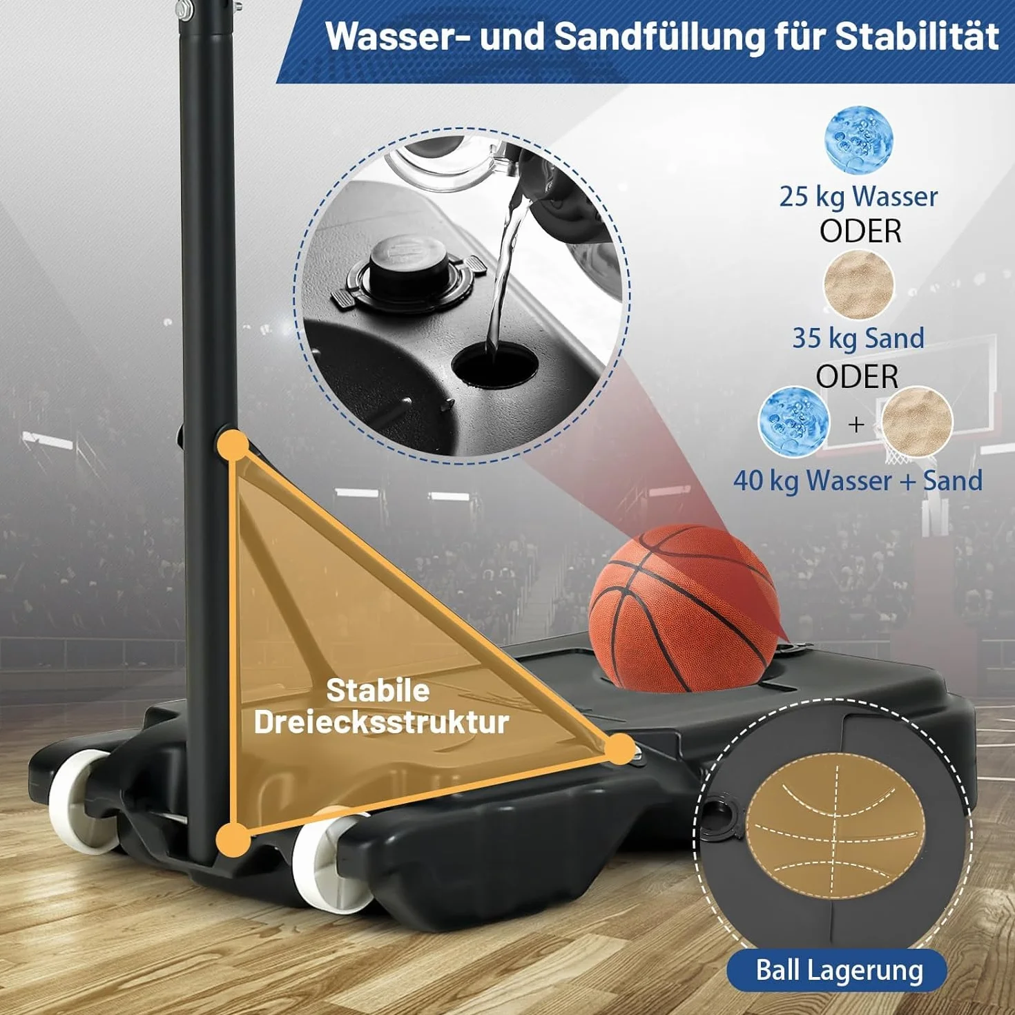 FANTASK Canasta de Baloncesto Ajustable 90-210 cm con Soporte y 2 Ruedas Azul