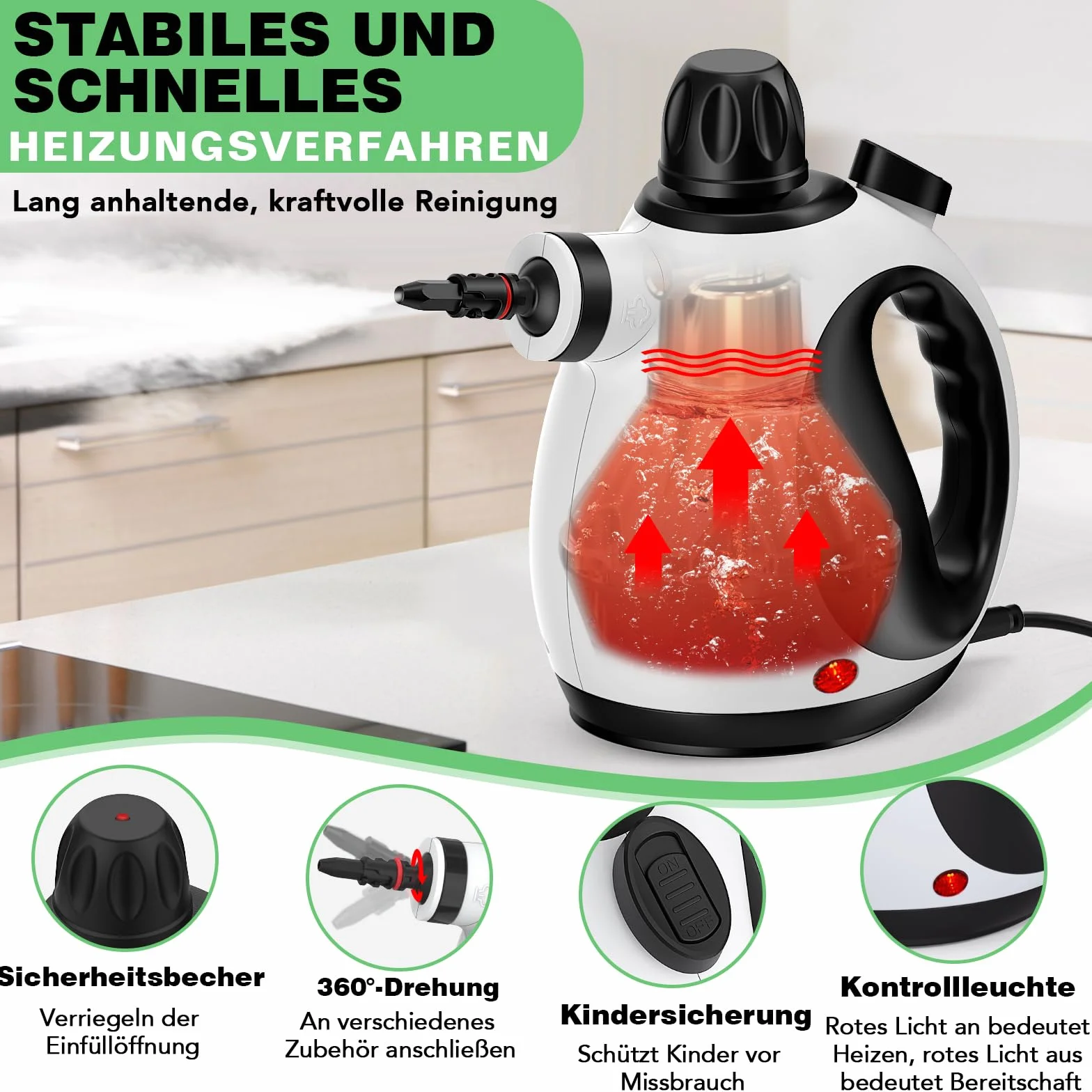 Limpiador de vapor portátil a presión con 10 accesorios, limpiador a vapor para muebles tapizados, con bloqueo de seguridad, para casa, coche, suelo (blanco profundo)