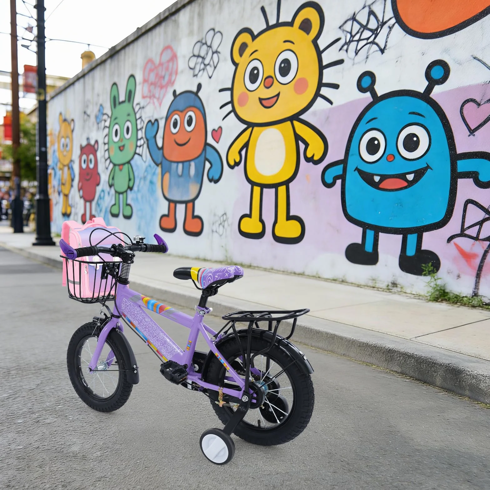 Bicicleta infantil 14 pulgadas con asiento trasero y cesta, ruedas estabilizadoras, altura regulable, acero resistente