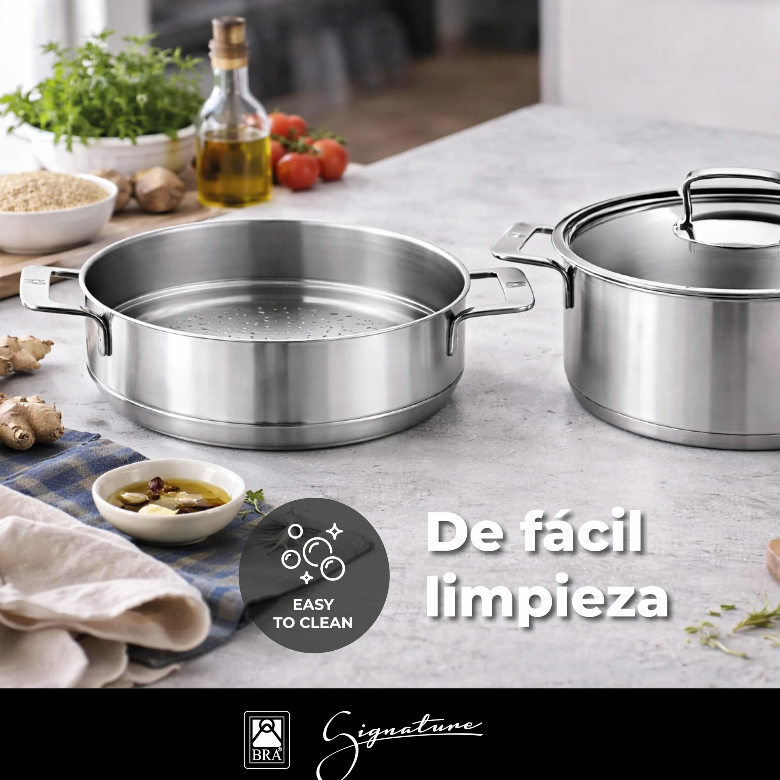 BRA Signature | Set cocina al vapor 24 cm con tapa, Acero Inoxidable 18/10 | Sin antiadherente, Cacerola 24 cm con Vaporera y Tapa de vidrio, 3, 75L, apta para inducción, triple fondo full induction