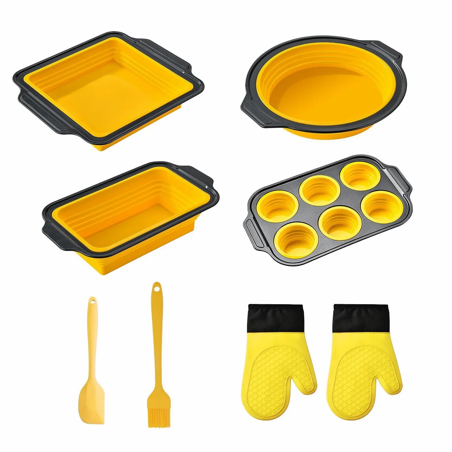 Juego de Moldes de Silicona para Hornear apilable y apto al lavavajillas | con Guante, Rasqueta y Cepillo Set Antiadherente para Hornear Para pan, galletas, huevos, horno, tostadora