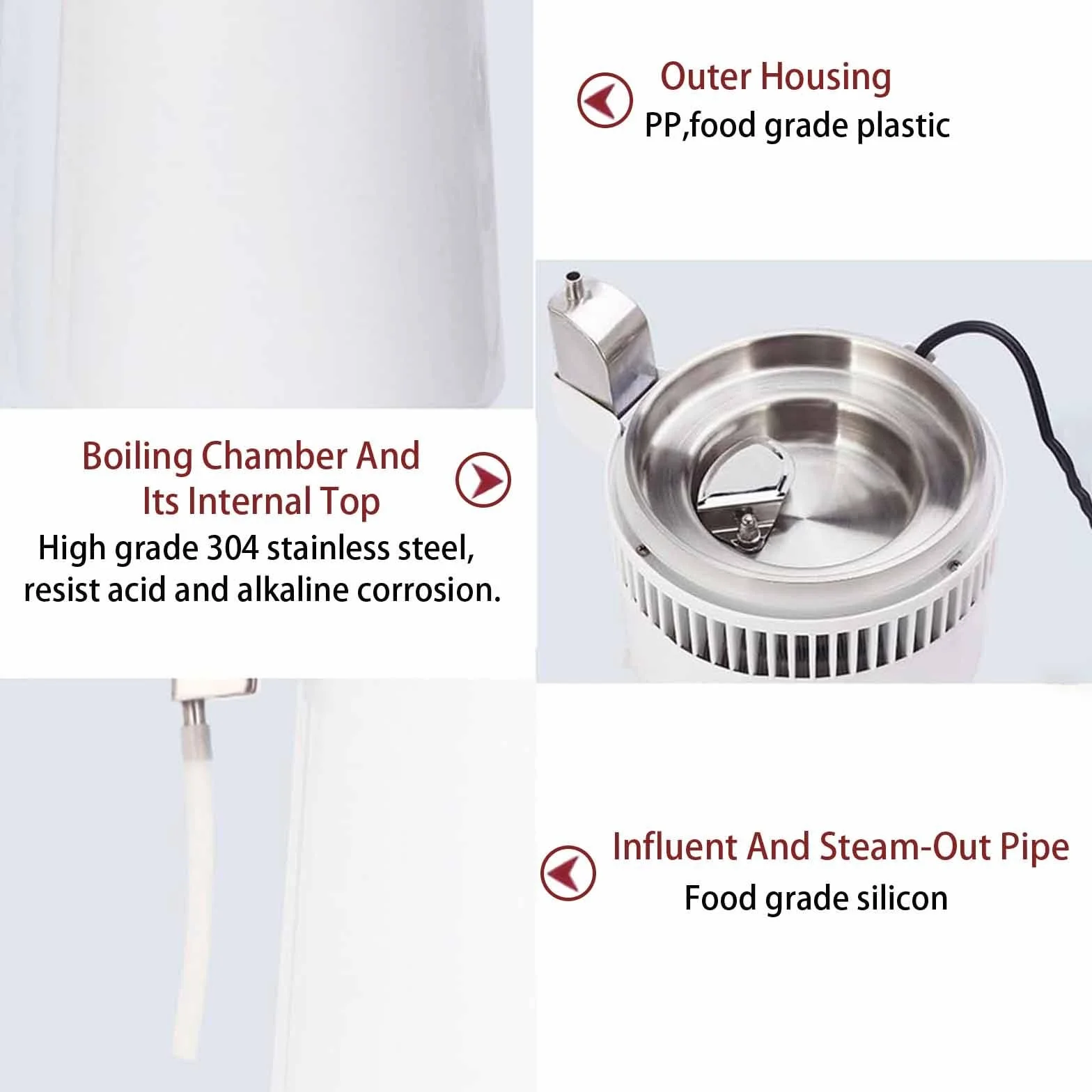 Destilador de agua de 750 W, 4 L, de acero inoxidable, con recipiente para uso doméstico, laboratorios y hospitales. Interior de acero inoxidable que destila agua pura