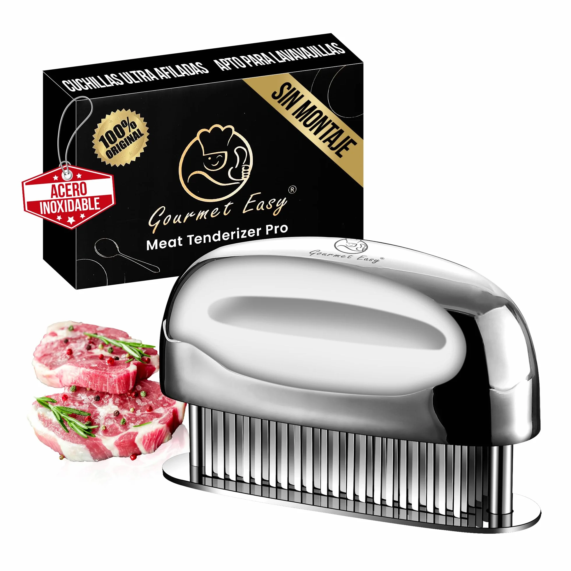 Ablandador de carne de acero inoxidable con agujas ultra afiladas – Herramienta profesional para ablandar carne de res, pollo, cerdo y ternera – Mango ergonómico – Fácil de limpiar