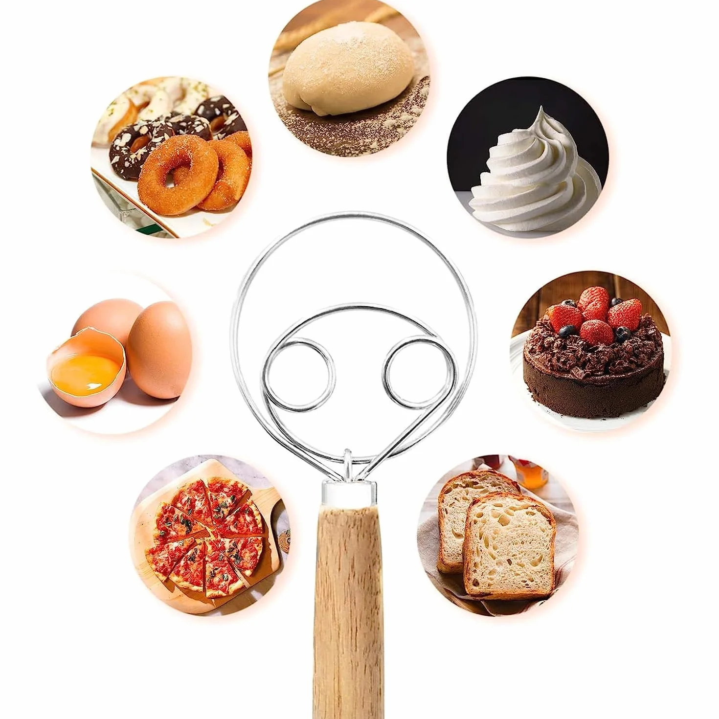 Batidor de masa danés y holandés, alambre de acero inoxidable 304, para batir huevos y masa danesa con mango de madera, para hacer pasteles de pan