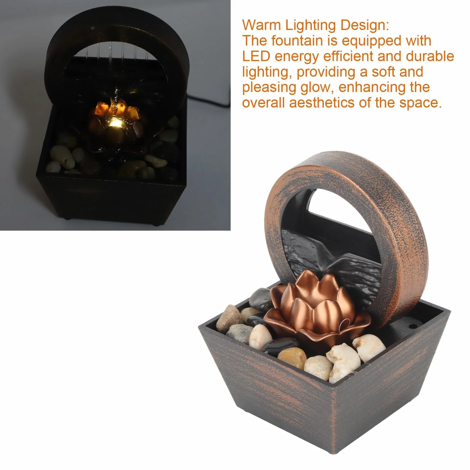 Fuente de escritorio Fuente de escritorio Fuente de cascada interior Cascada Decoración con flores de loto para la decoración del hogar con luz LED y cable USB