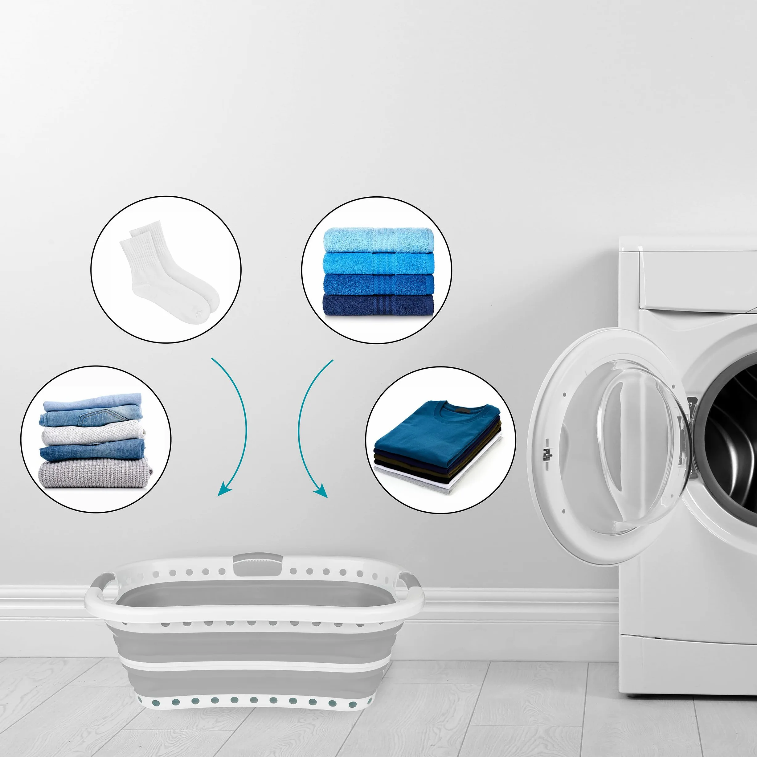 Beldray LA072979GRYEU Cesta De Colada Adaptable a La Cadera, Transportar Y Meter Ropa Sucia, Cubo Práctico y Plegable Con Asas Ergonómicas, Para Cuarto de Baño, Dormitorio o Lavandería