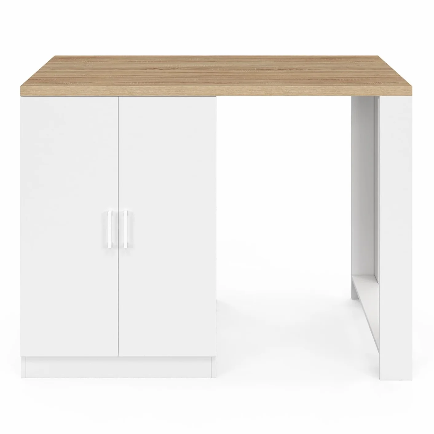 IDMarket – Ilot Central Lino 120 cm 2 personas madera blanca y encimera de madera y puertas acristaladas