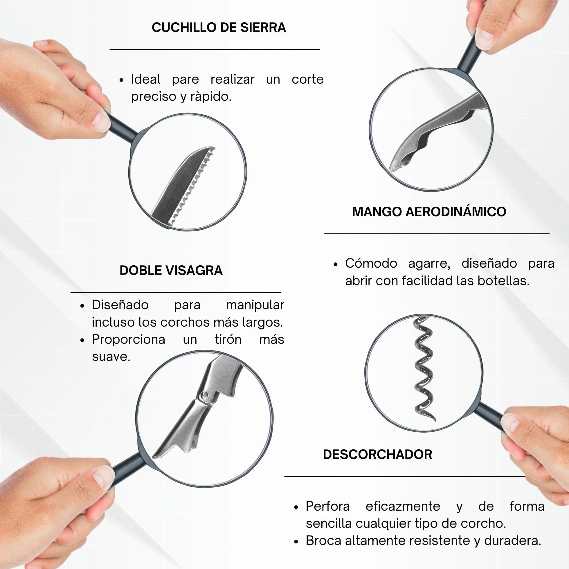 Abridor de Vino (Pack de 2) | Sacacorchos Profesional | Abrebotellas | Saca Rolhas de Acero Inoxidable | Abridor Botellas Vino Resistente (Plateado 2 Unidades)