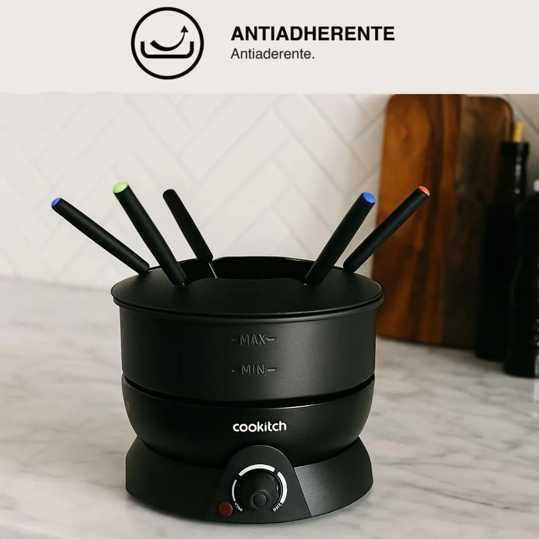 Fondue Eléctrico para 6 Personas, Fondue para Queso, Chocolate, Carne, Caldo y Más, Capacidad de 1.3L, Antiadherente, Termostato Regulável