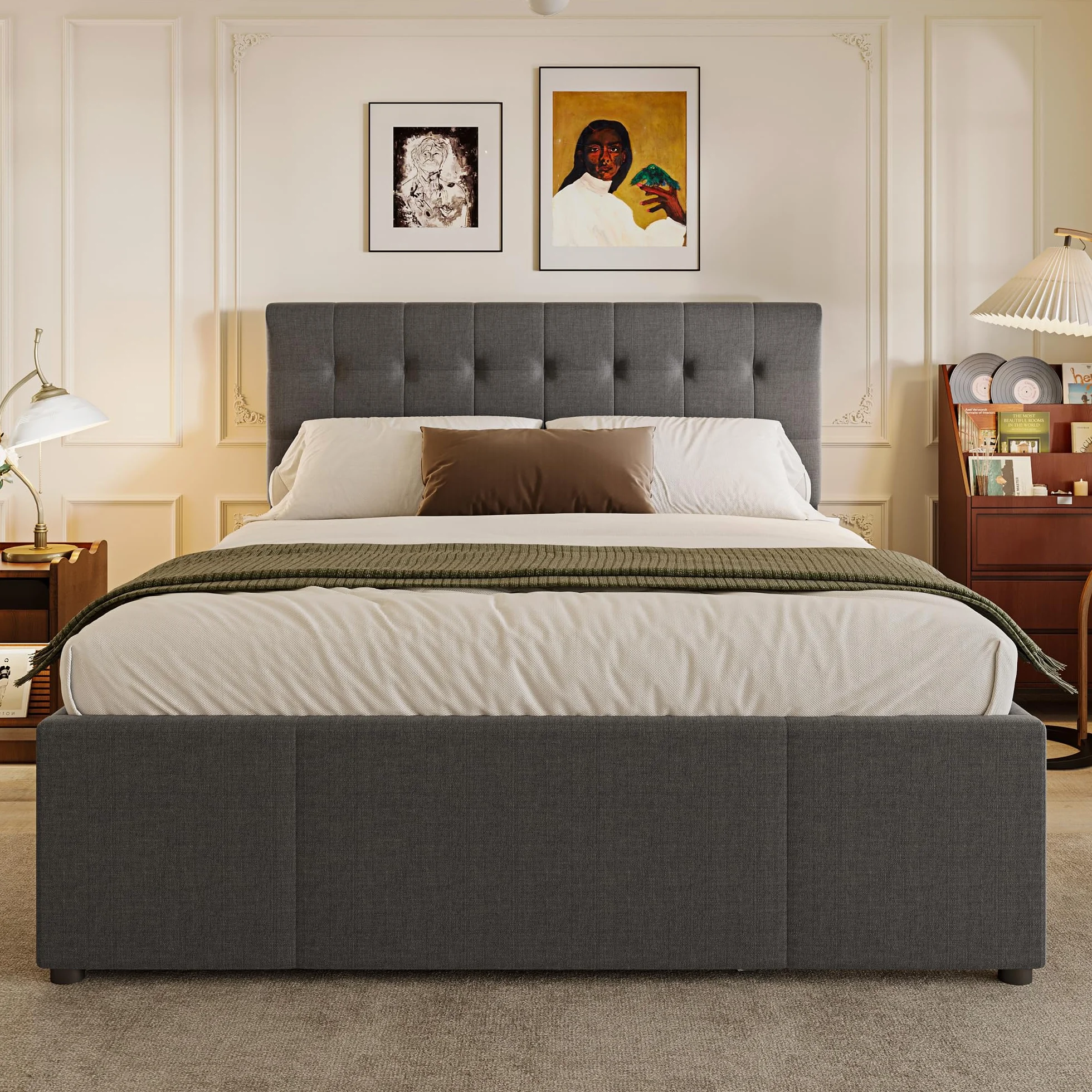 Moimhear Cama de matrimonio acolchada familiar con tres cajones, cama extraíble, cabecero ajustable (gris)