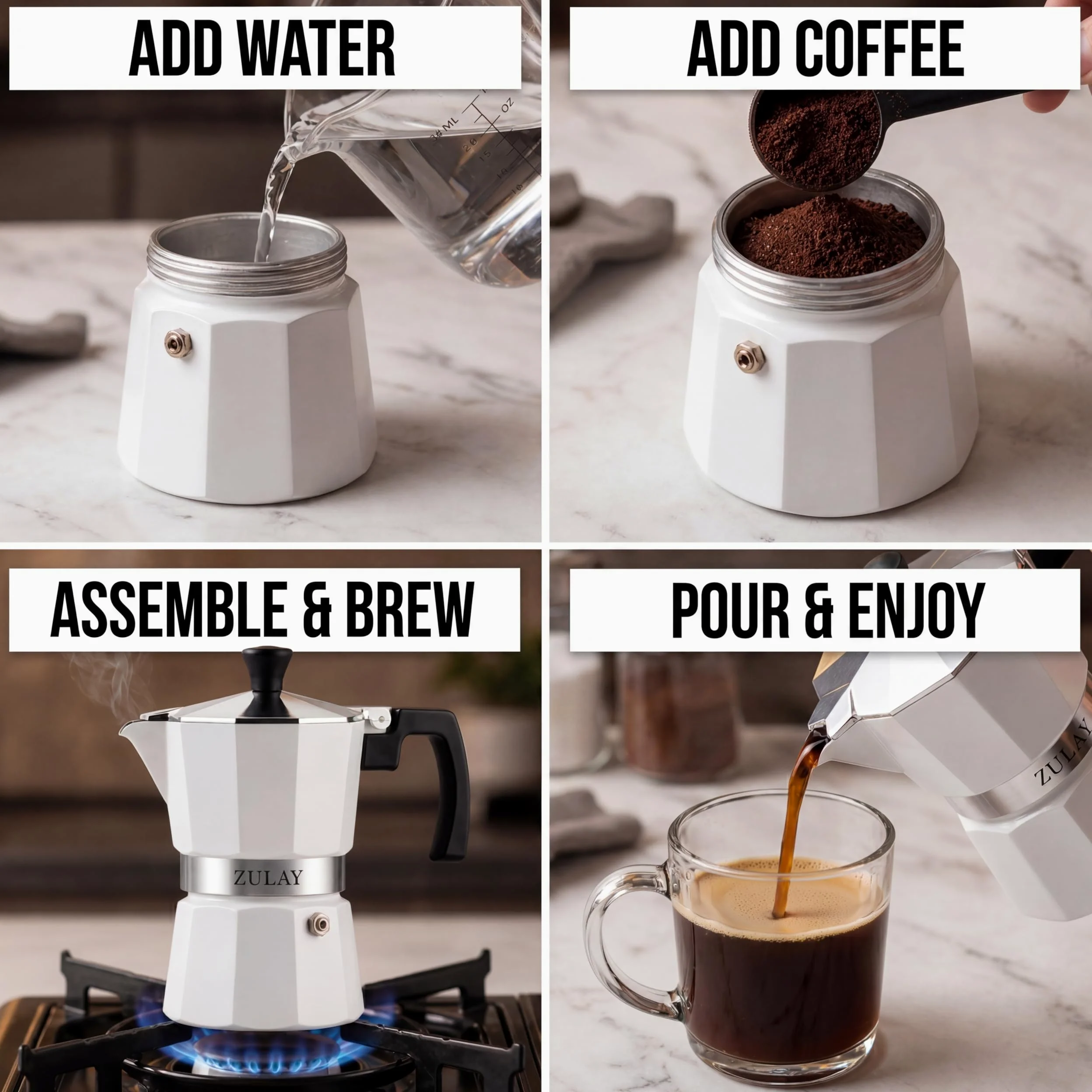 Zulay Premium Moka Pot Espresso - Cafetera espresso a prueba de fugas - Perfecto para auténtico espresso de estilo cubano e italiano - Hace 3 tazas de espresso, color blanco