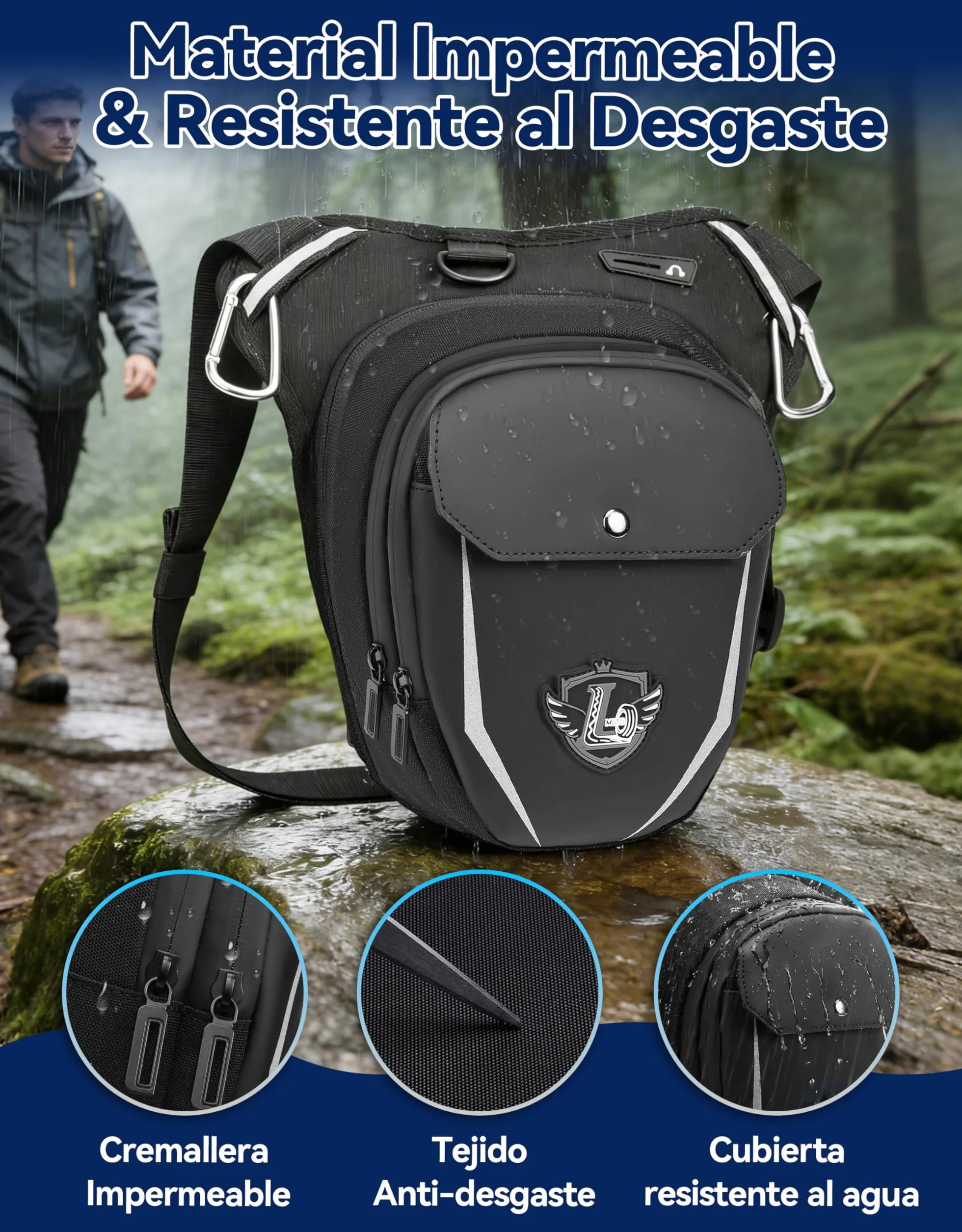 Leathario Riñonera Pierna Impermeable Multifunción Moto con Correas Ajustables y Mosquetones Negro