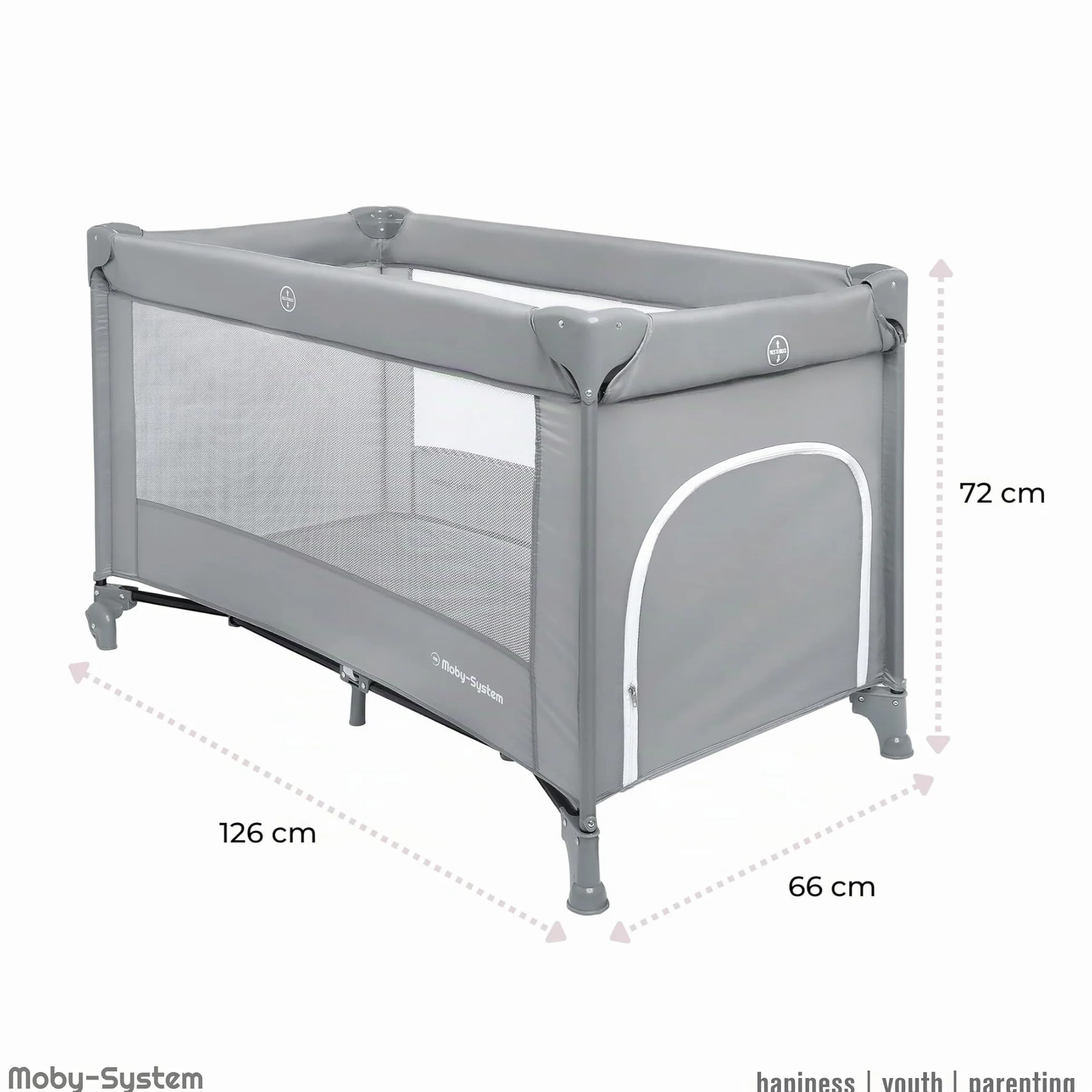 Moby-System Cuna de Viaje para Bebé – Parque Cuna 2 en 1 con Colchón Plegable, 2 Alturas, Ruedas con Freno y Bolsa – Cuna Plegable con Entrada Lateral y Cambiador