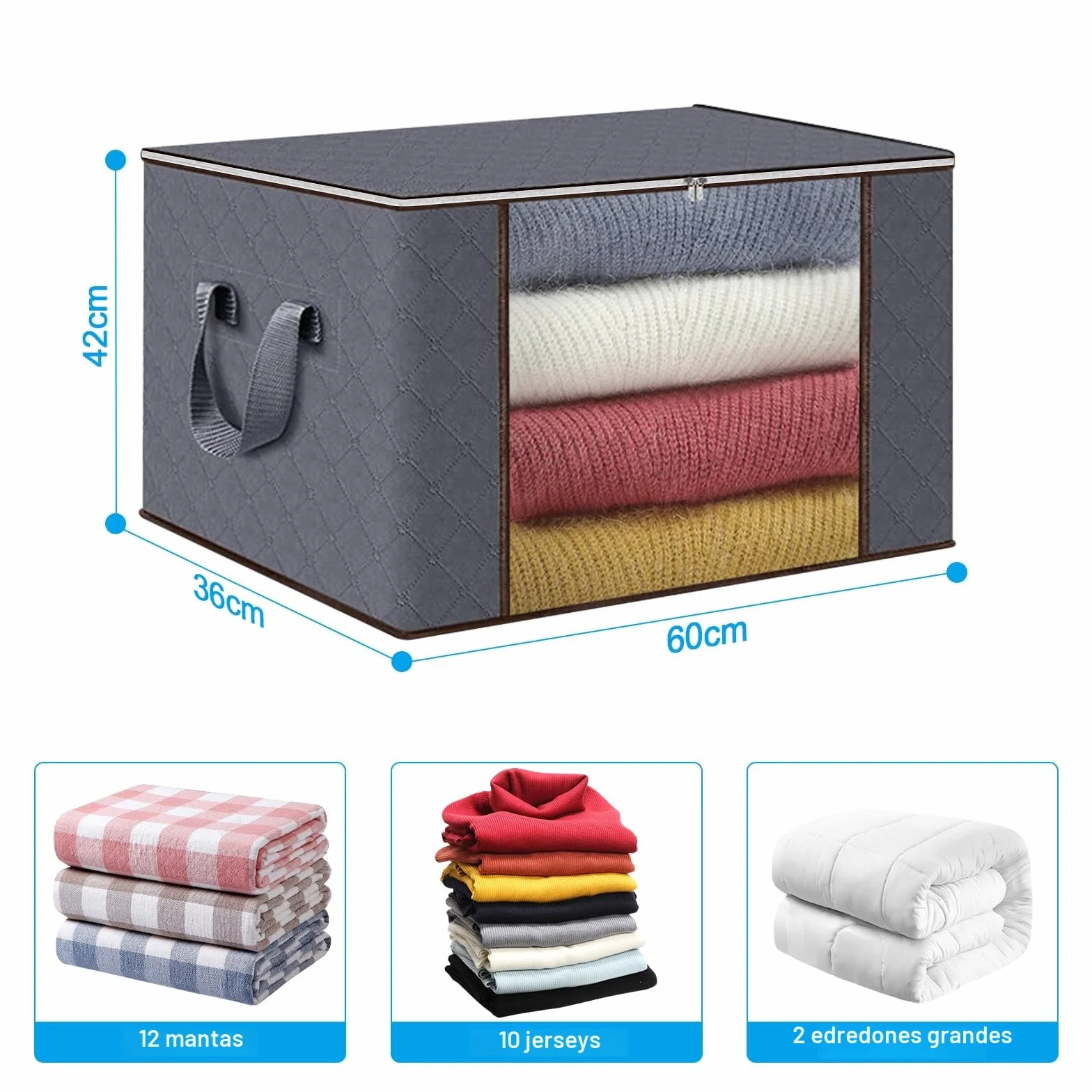 Collazoey 6 Piezas Cajas Almacenaje Ropa,90 L Bolsa de Almacenamiento para Ropa Plegable,Contenedores de Almacenamiento para Organizar Dormitorios, Armarios,Ropa, Edredones,con Tapa y Asa,Gris