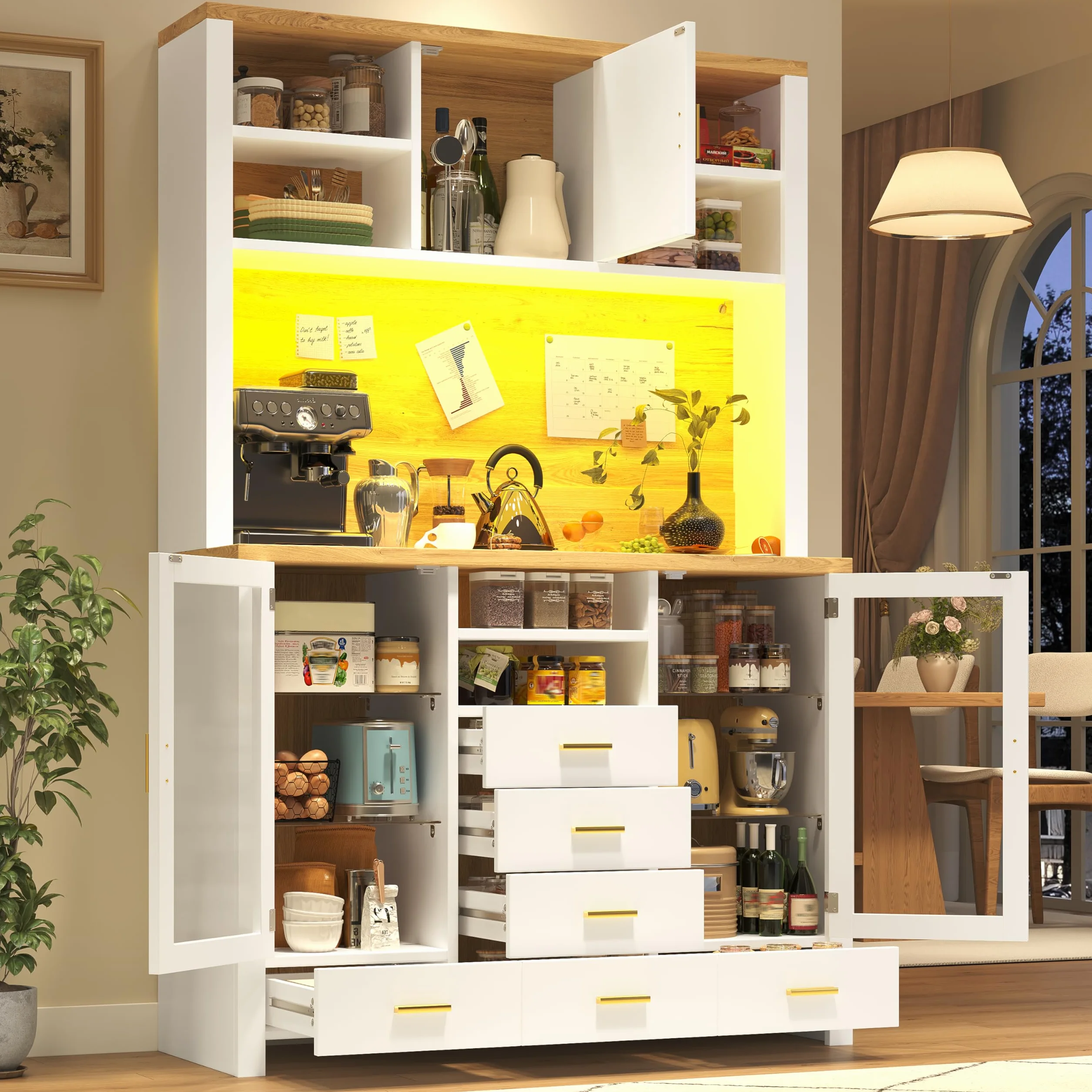 SACOOL Armario de cocina multifunción, 120 x 40 x 188 cm, estilo rústico, 4 puertas, 6 cajones y 3 puertas, color blanco con aspecto de madera, color blanco