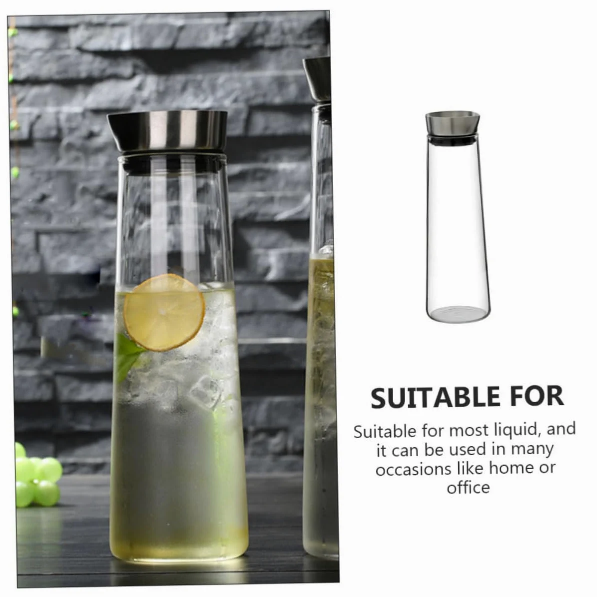DOITOOL Jarra de Agua Fría de Vidrio de Borosilicato 1L Tapa de Acero Inoxidable Diseño Recto Antidesbordamiento Recipiente Transparente para Jugo Adecuado para Uso Doméstico y Oficina