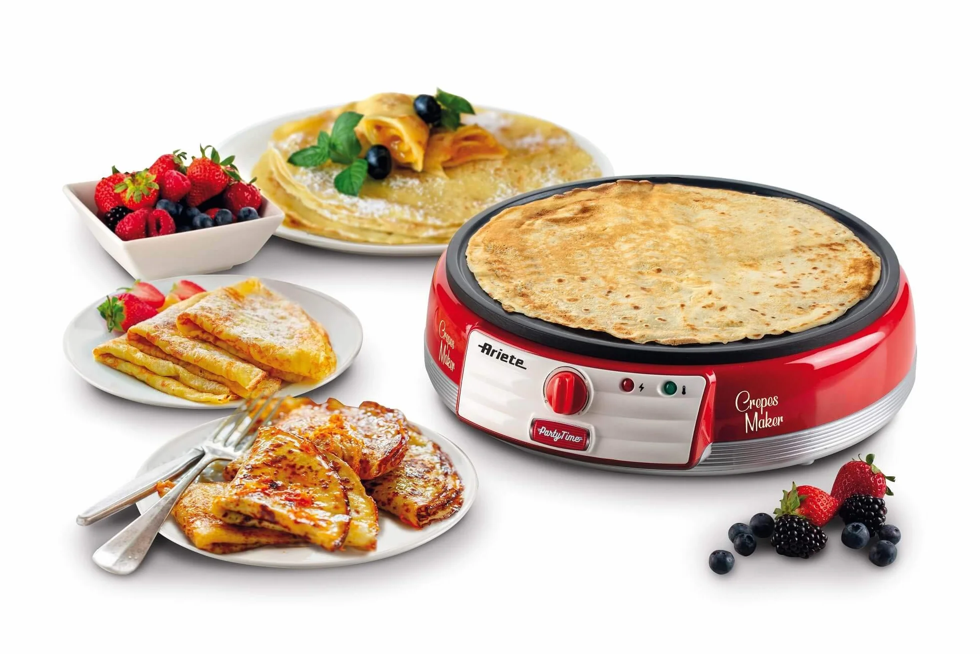 Ariete 202, Crepes Maker Party Time, plancha para crepes antiadherente, 2 espátulas de madera, recetario, 1000 W, rojo