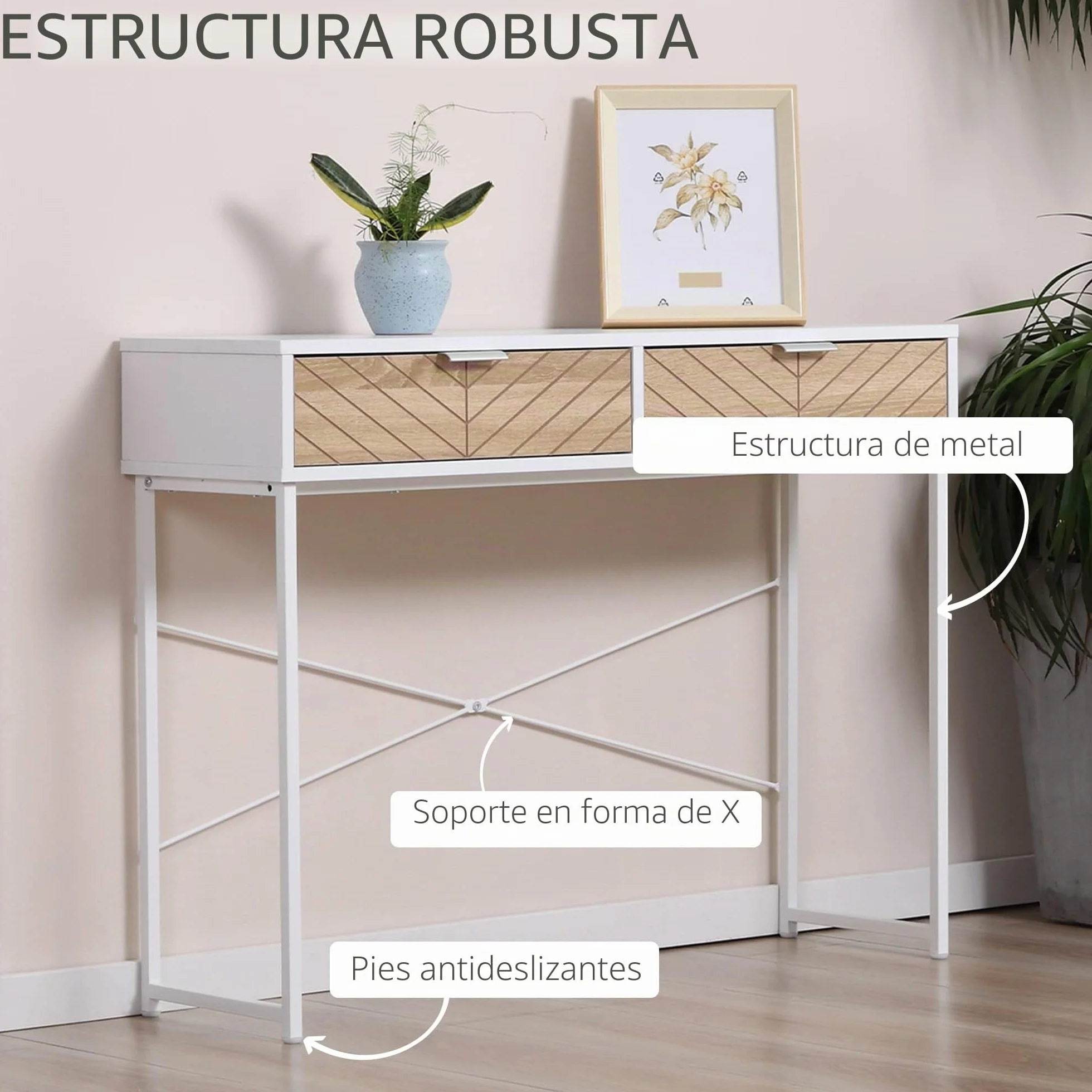 HOMCOM Mesa de Consola Estrecha Mueble Recibidor Mesa de Sofá con 2 Cajones Diseño de Líneas Talladas Estilo Moderna para Pasillo Entrada Salón Dormitorio 100x30x75 cm Blanco y Roble