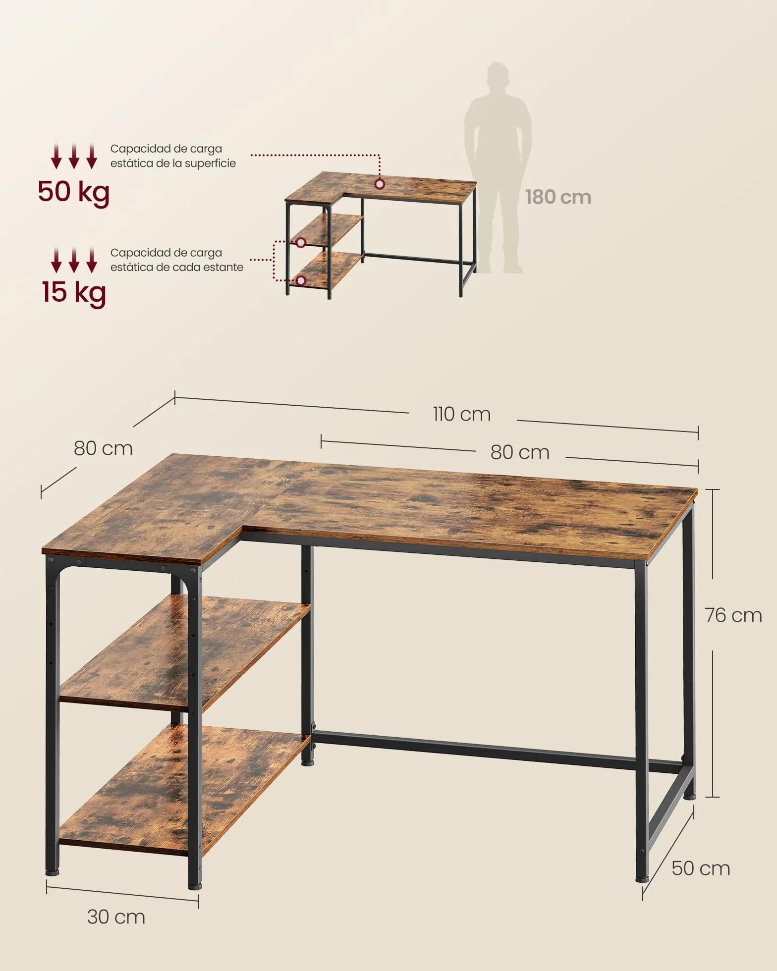 VASAGLE Escritorio en L, Escritorio Gaming para Ordenador con Estantería, Baldas de Altura Regulable, Estación de Trabajo para Estudio y Oficina, 110 x 80 cm, Marrón Rústico LWD135KD01