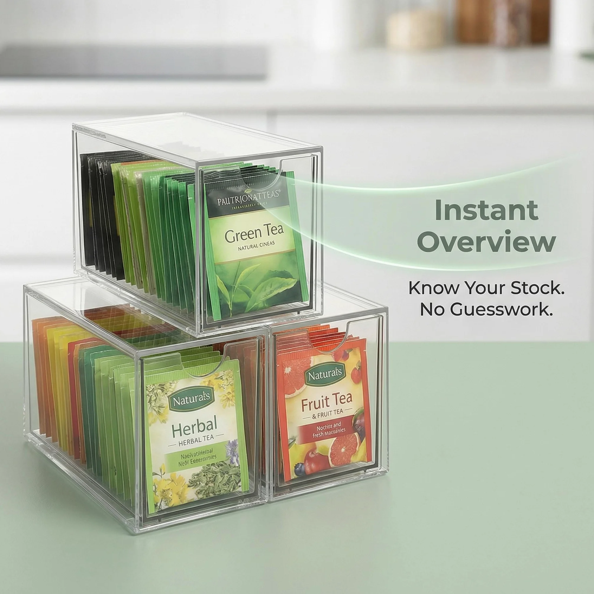 Organizadores de Bolsas de Té, Caja Té con 3 Cajones de Plástico Caja Infusiones Organizador Infusiones de Acrílico Transparente Caja de Te Infusiones para Bolsas de Té, Cápsulas de Café