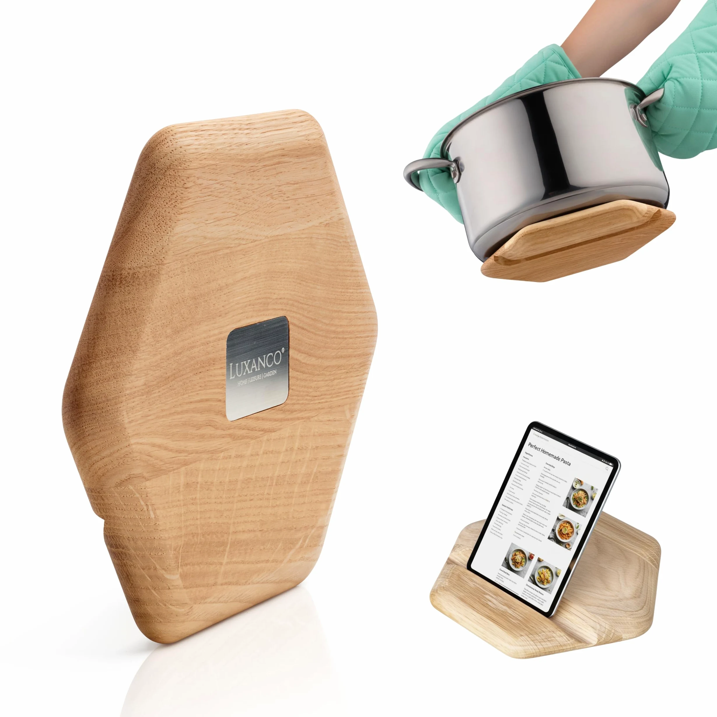 Salvamanteles Ollas Calientes 2 en 1 de Roble Macizo - Salvamanteles Imantado con Soporte para Tablet - Ideal como Protector Encimera y Mesa Comedor