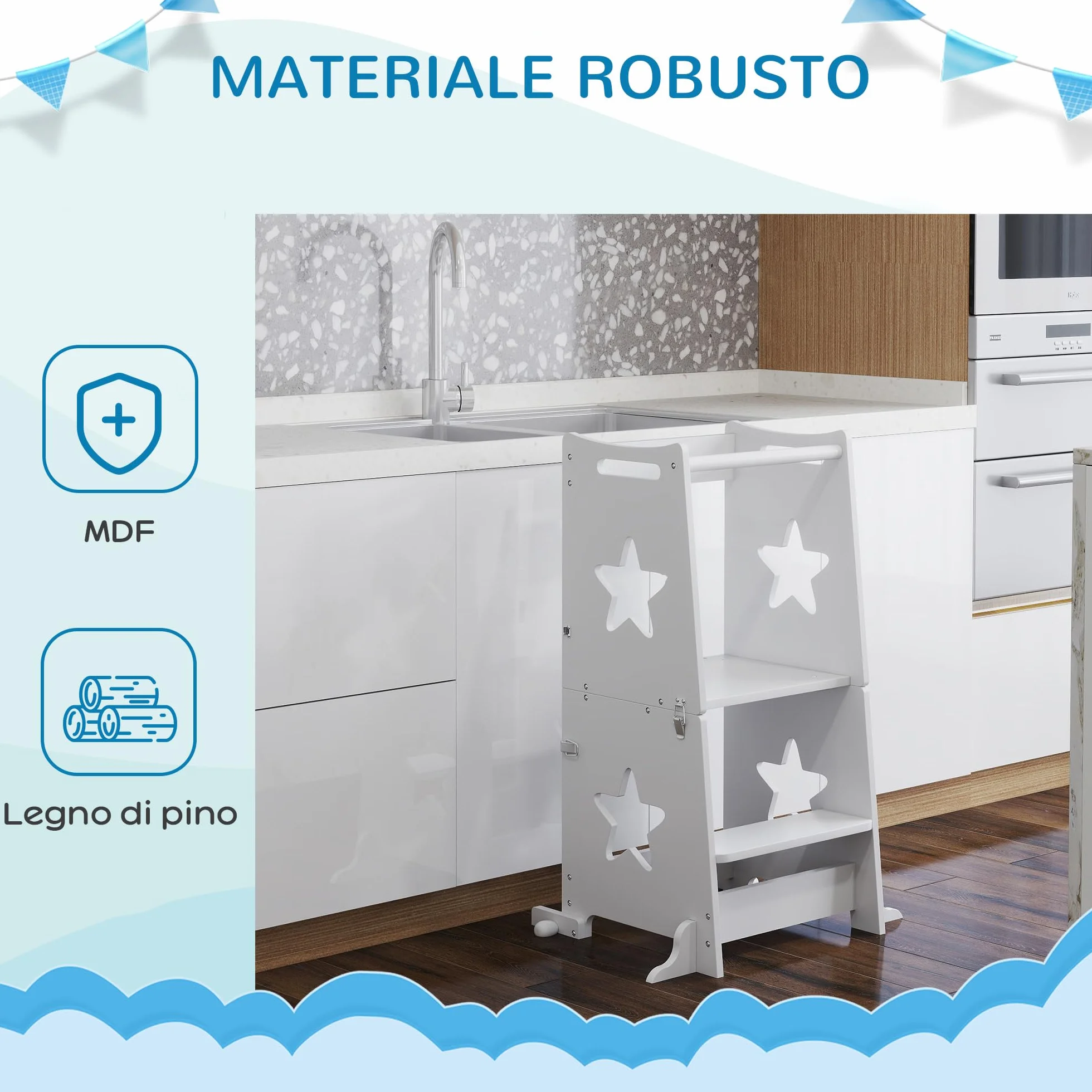 AIYAPLAY Torre de Aprendizaje 2 en 1 Taburete Niños +3 Años Convertible Mesa Silla Barra Seguridad 60x44,5x86 cm Blanco