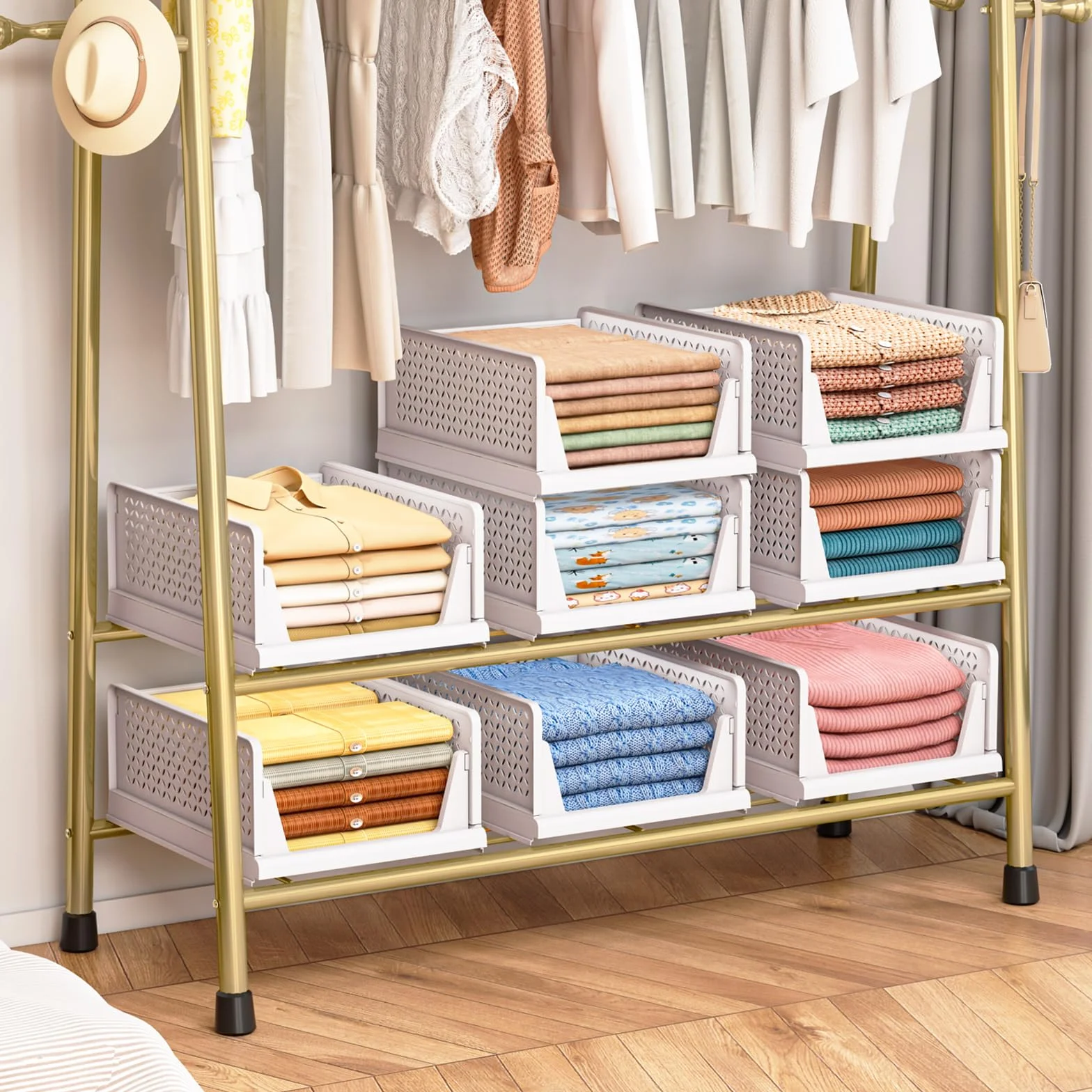 TidyIsles Organizador Armario Plegable Apilable 4 Unidades, Cajonera Plástico Separadores, Almacenamiento Ropa para Dormitorio Baño Blanco