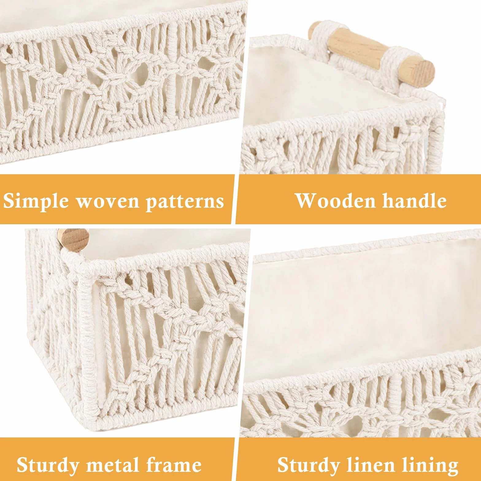 Cestas de Almacenamiento de Macramé Hechas a Mano, Decoración Bohemia, Caja Tejida con Asa, Cesta Trenzada para Baño, Dormitorio, Salón (Blanco Algodón)