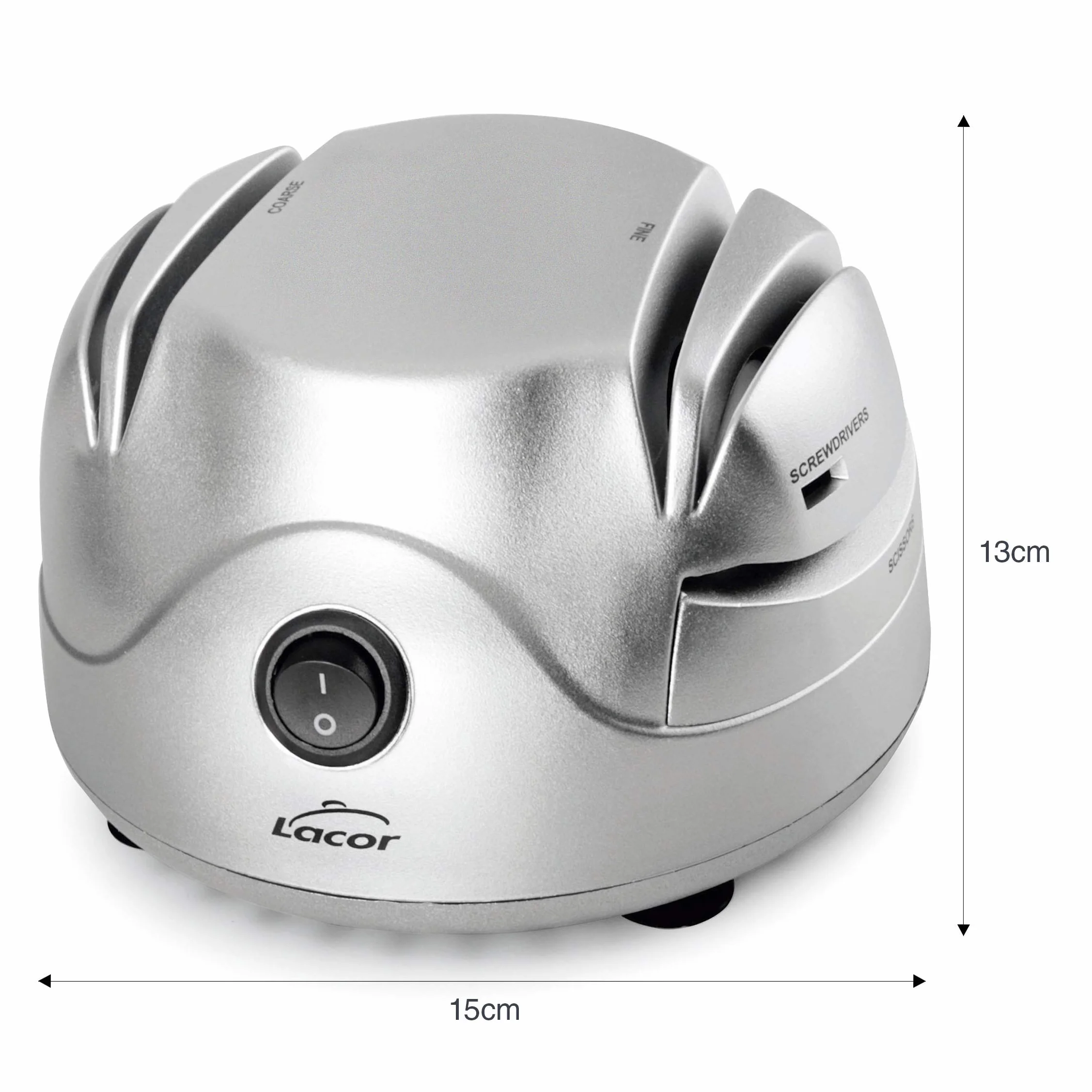 LACOR 69141 Afilador de Cuchillos Eléctrico, Cuatro ranuras con ventosa, Afila Cuchillos, Tijeras, Destornilladores, Seguro y fácil de usar, Potencia 60W, Pequeño y Compacto, Gris, 13 x 15 x 10 cm