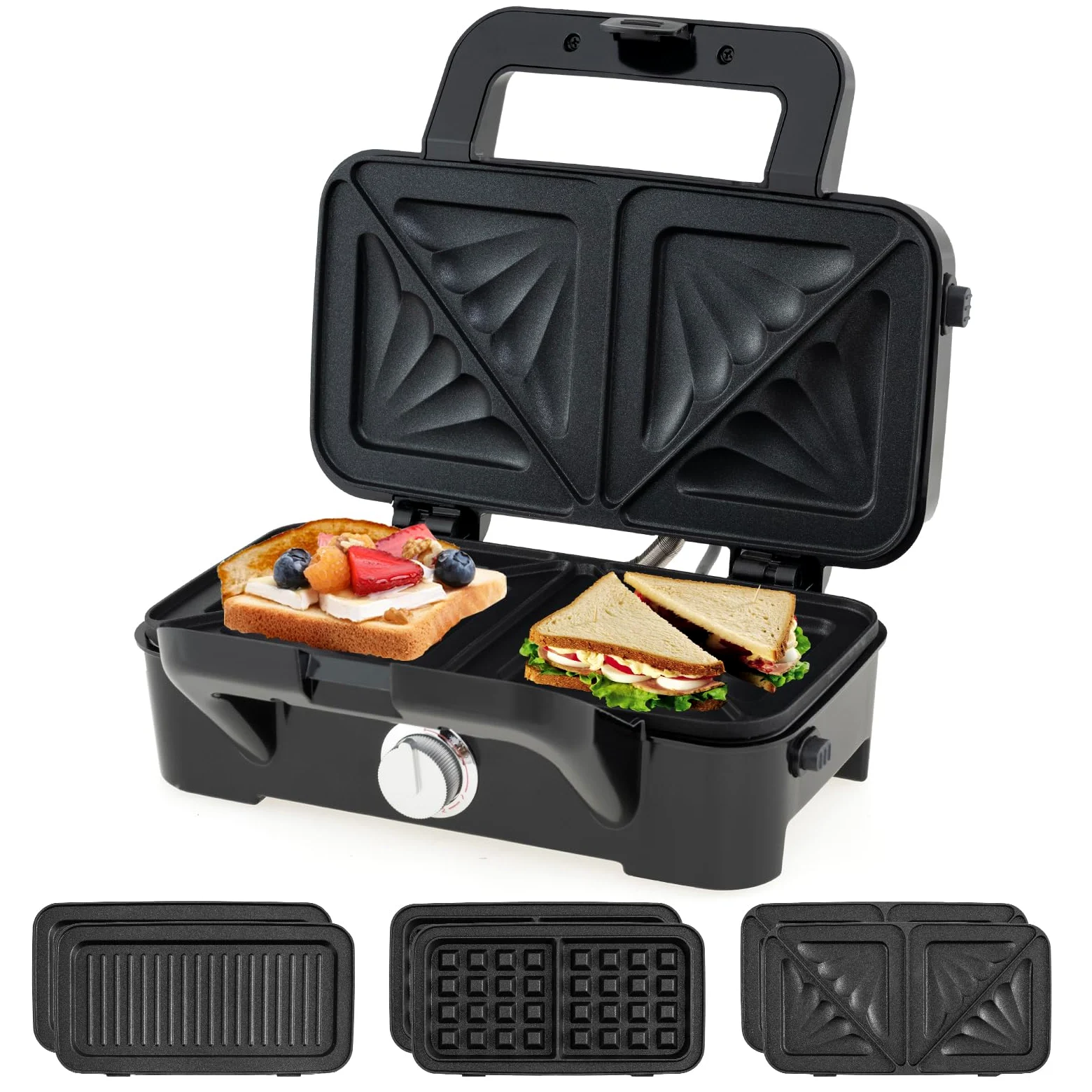 SOARS Sandwichera 3 en 1, 1200 W, máquina eléctrica Panini | 5 temperaturas ajustables, doble cara, parrilla extraíble y lavable, antisobrecalentamiento, color negro