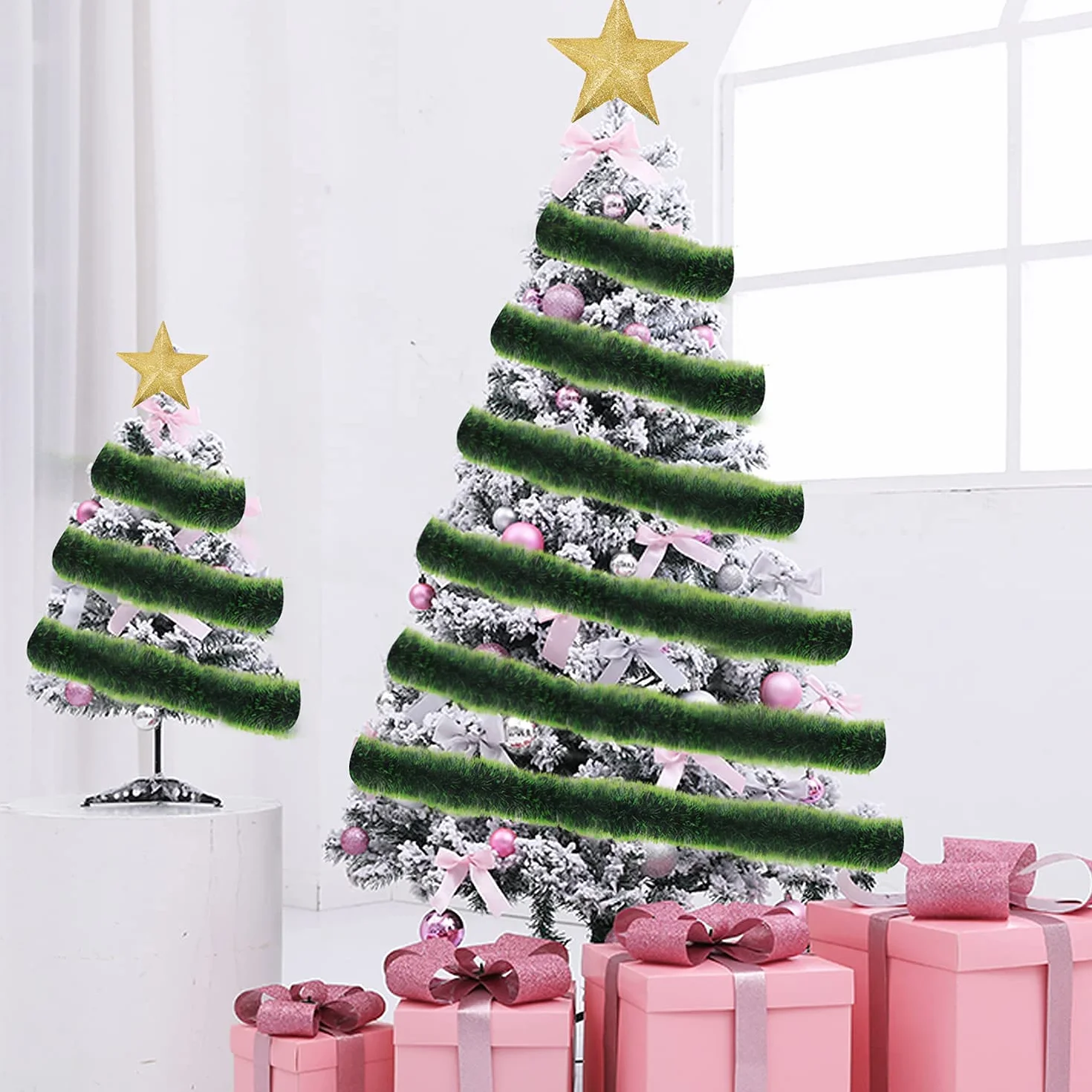 LOMIMOS Guirnalda de oropel de Navidad de 32.8 pies, decoración Verde Oscuro Brillante para árbol de Navidad, Fiesta, Suministros de Boda