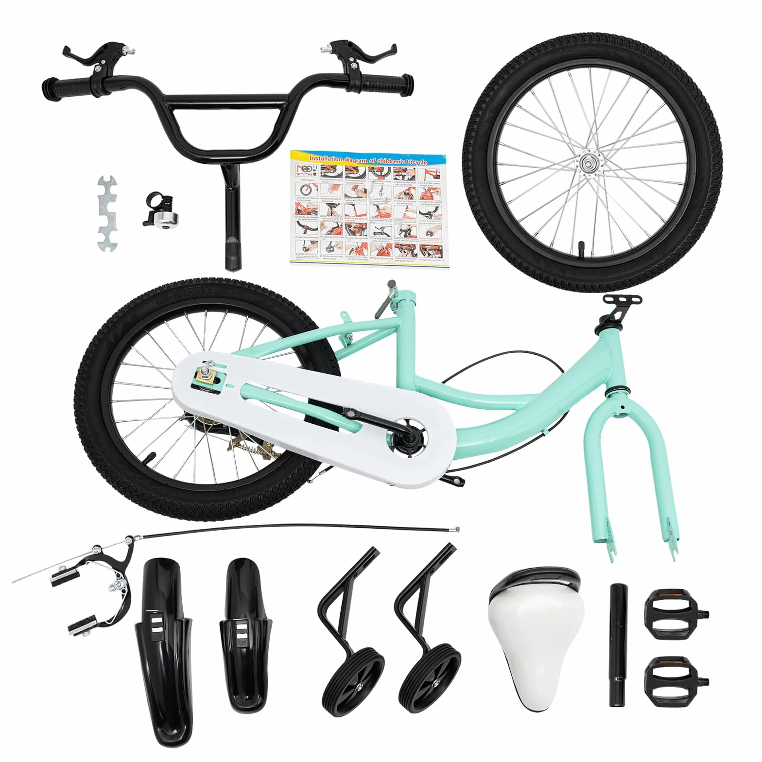 Bicicleta infantil 16 pulgadas con ruedas estabilizadoras para niños niñas 5-8 años sillín manillar ajustable doble freno guardabarros timbre