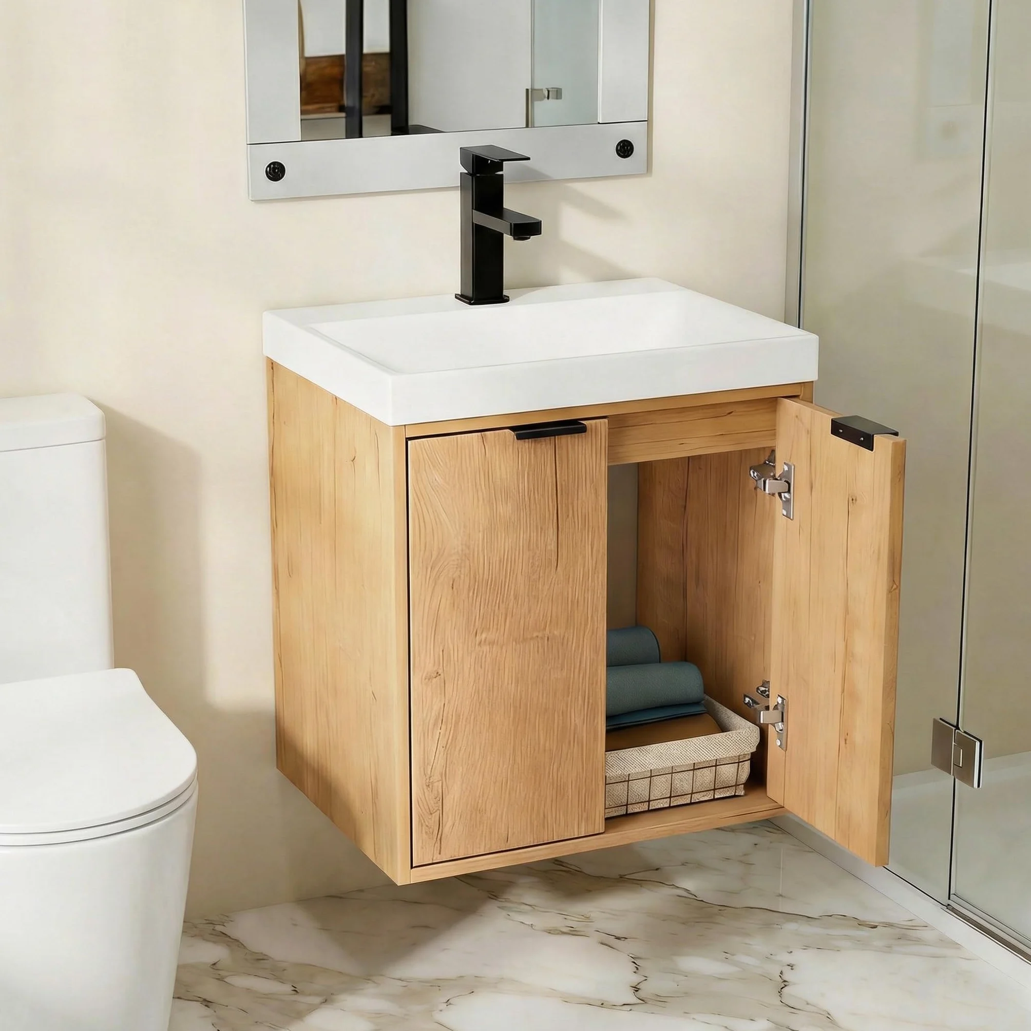 UEV Mueble de Baño con 2 Puertas y Lavabo de Resina, Mueble de Baño Suspendido con Diseño único y Práctico, Conjunto de Muebles con Motivo en Relieve, 49 x 37,5 x 50, Natural