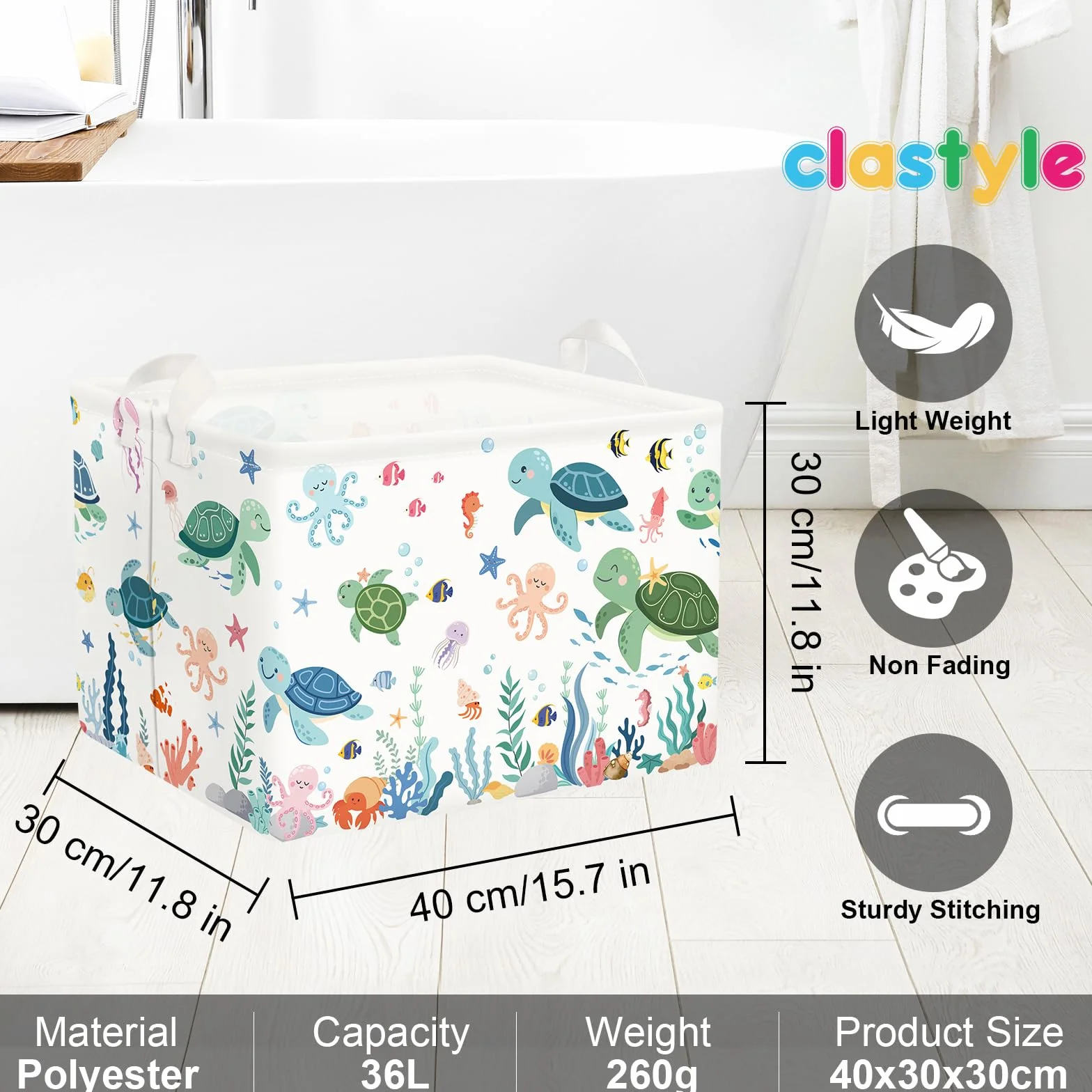 Clastyle Cestos Almacenaje Animal Marino Cajas de Almacenaje Plegable Padres Ropa para Juguete Ropa Cesta Ropa Sucia para Baño, Tortuga Verde, 40x30x30 cm
