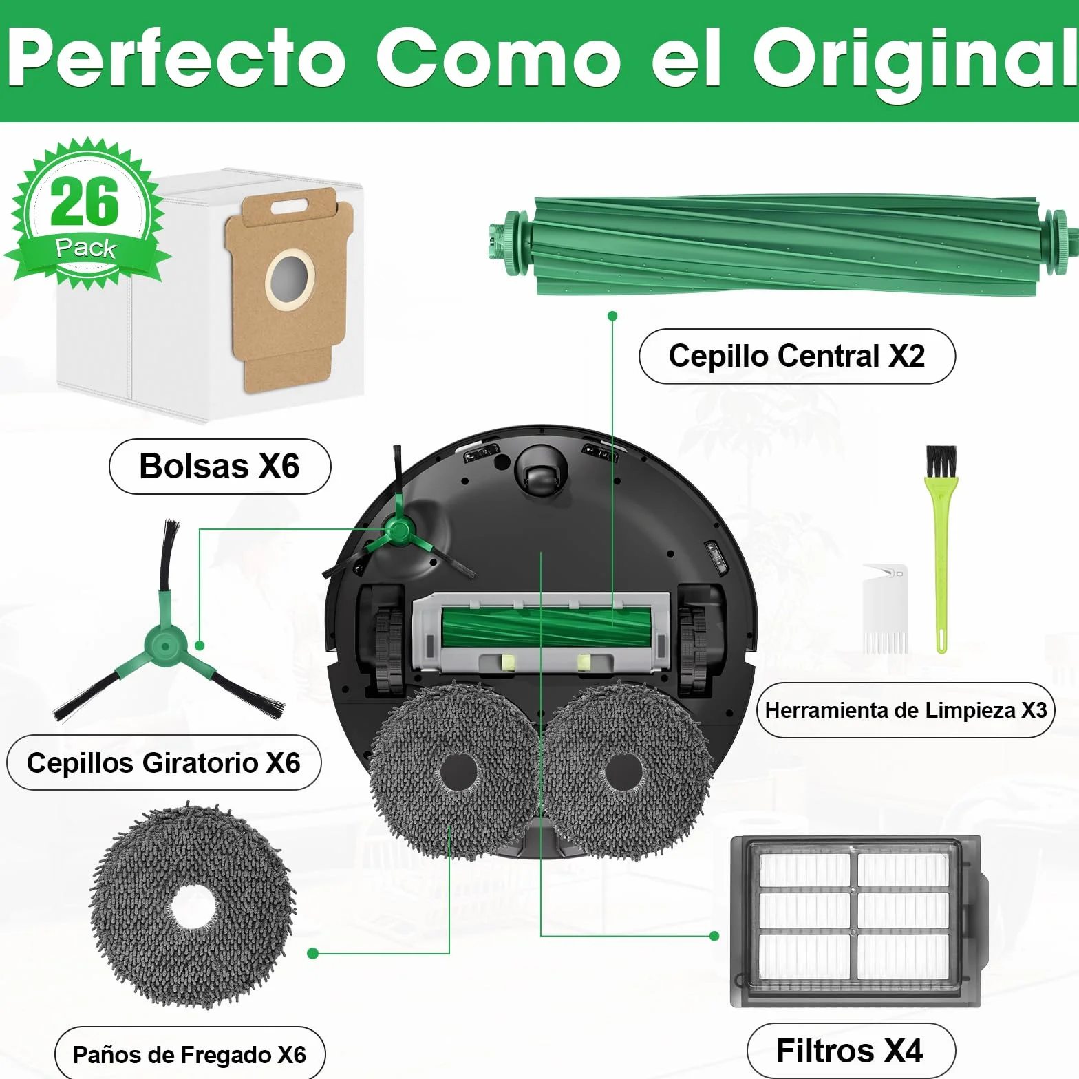 505 Accesorios Recambios para iRobot Roomba Plus 505/405 / 500/400 / 506/507 Combo Repuestos Piezas Kit 6 Bolsas Polvo 2 Cepillos Principales 6 Cepillos Laterales 4 Filtros 4 Paños