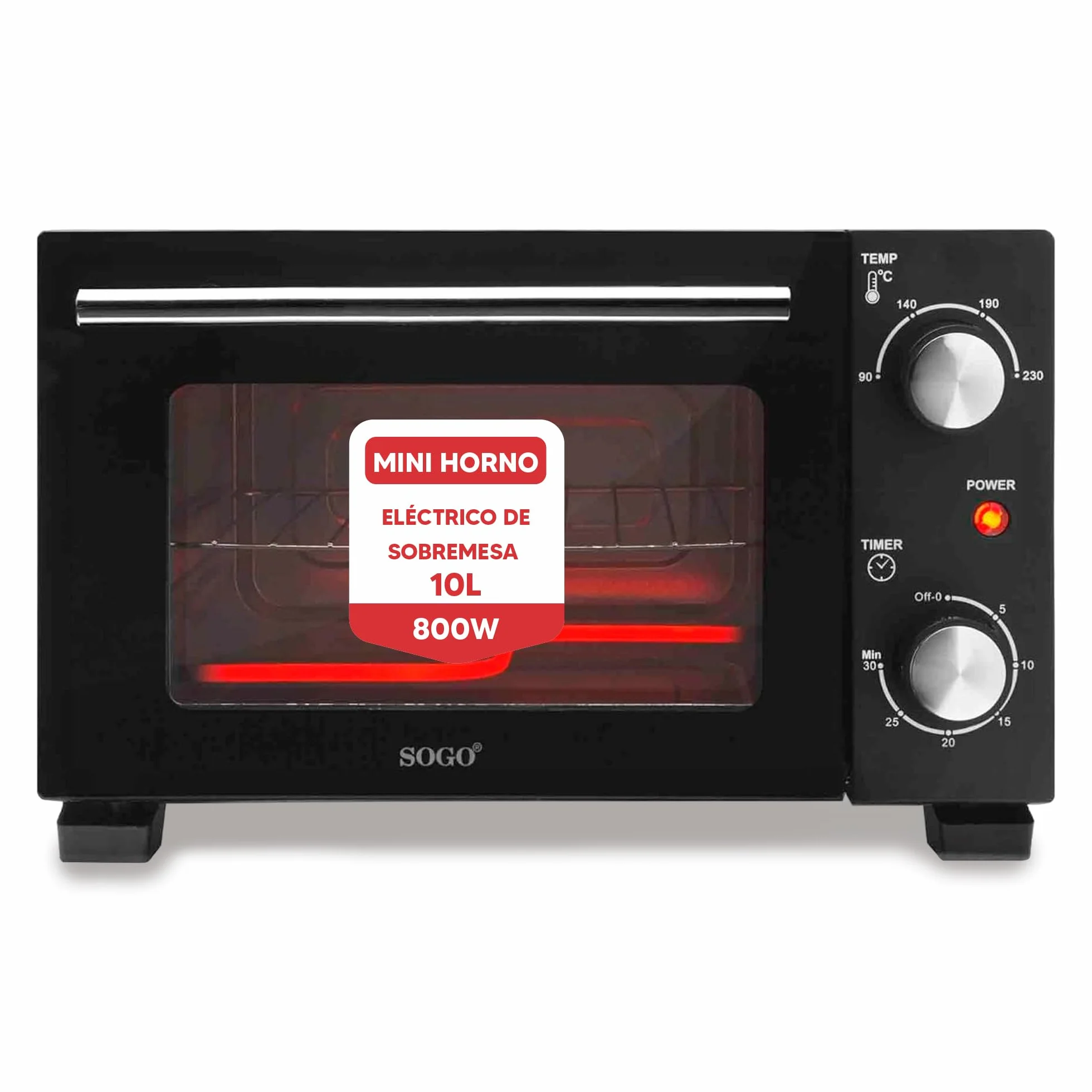 SOGO Mini Horno Eléctrico de Sobremesa 10L 800W - Mini Horno Tostador de Pan, Carne y Todo Tipo de Alimentos - Horno Portátil con Control de Temperatura 90-230℃ y Temporizador de 30 min