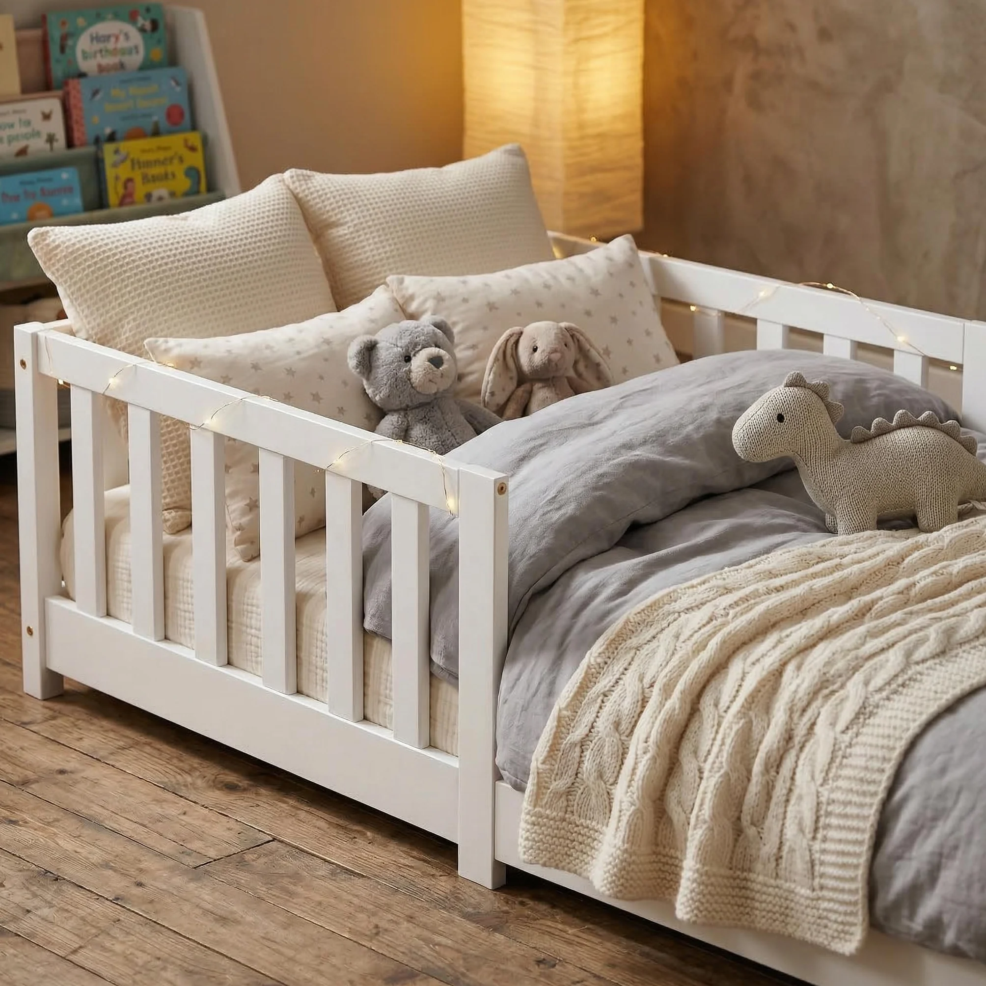 ecomi® Cama para niños 90x200 con protección contra caídas y somier, madera maciza de pino blanco