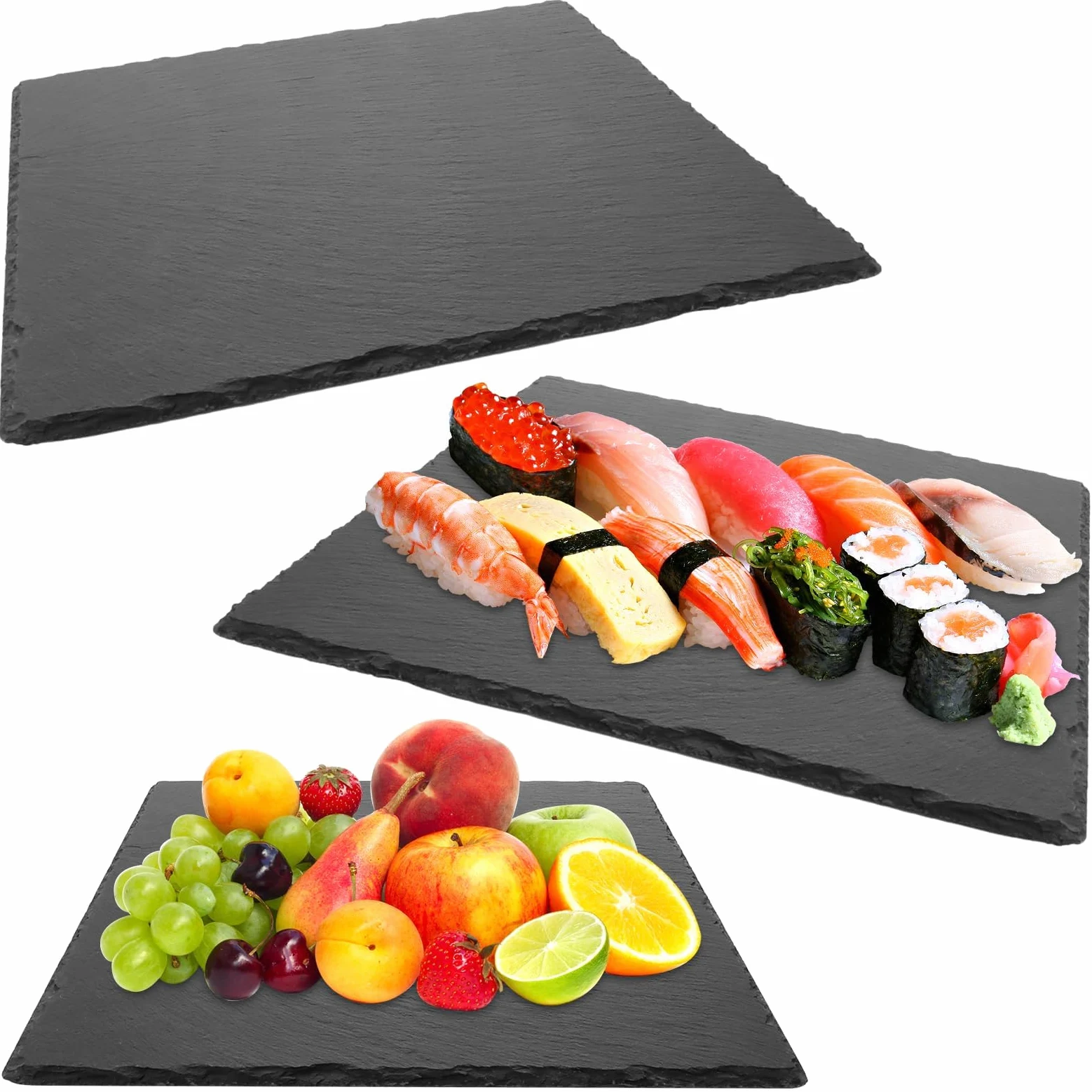 YAYODS 3 placas de pizarra 30 x 30 cm – Platos cuadrados de pizarra natural – Bandeja grande de pizarra – Bandeja para servir buffet, sushi, queso – para servir, servir y como decoración