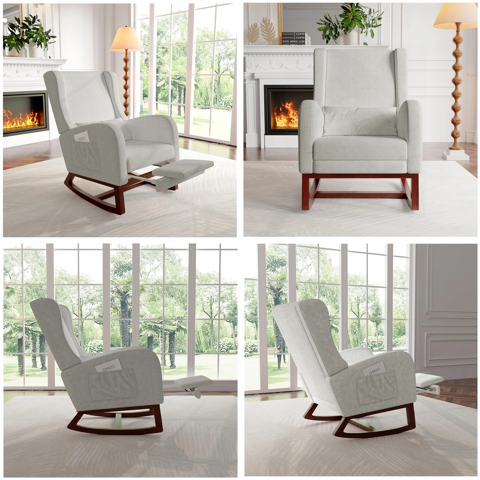 Sillón basculante con reposamuñecas retráctil, mecedora lactancia gris lino