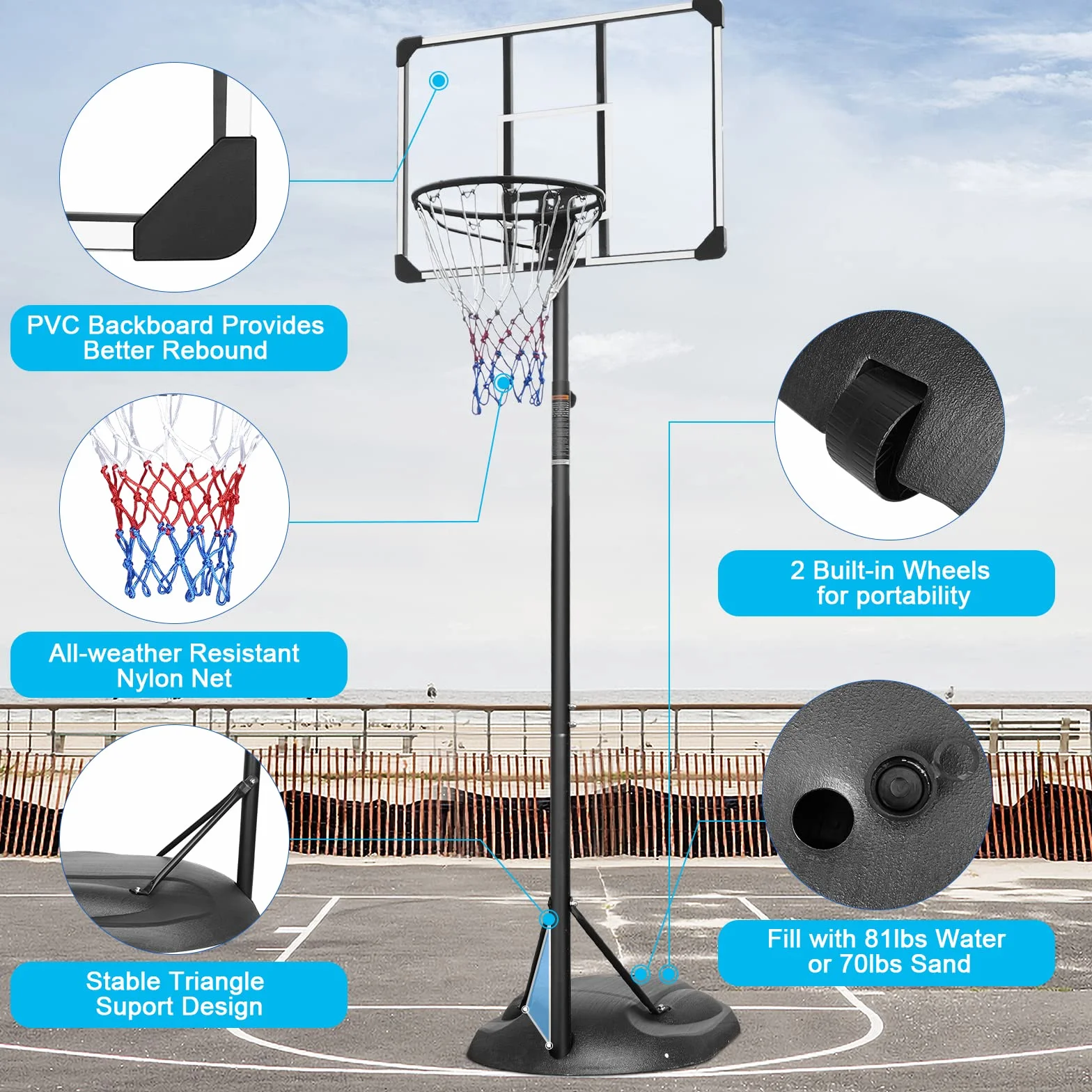Sistema de aro de baloncesto portátil de altura ajustable 7-9 pies tablero transparente 32 pulgadas ruedas interiores exteriores 230-280 cm