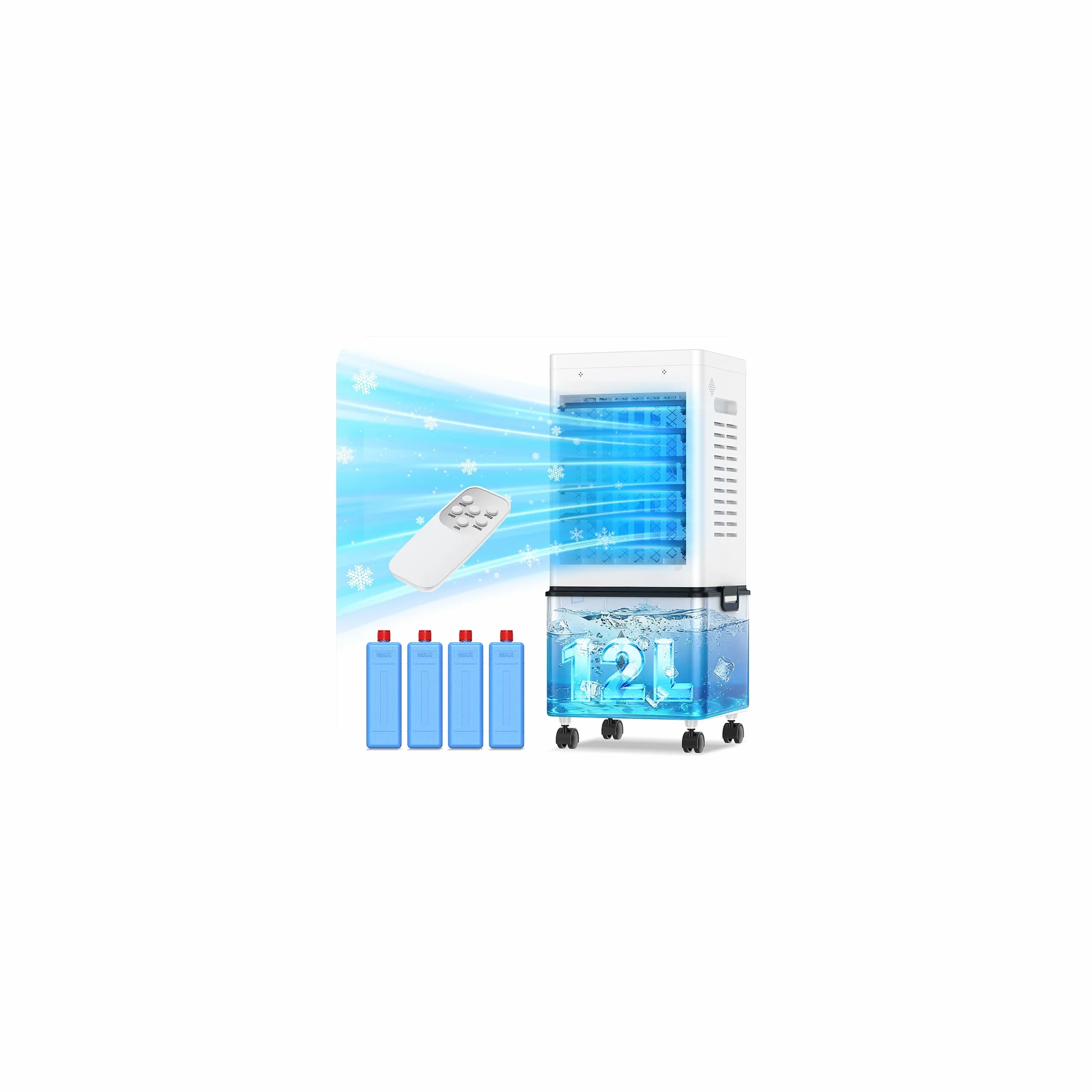 Aire Acondicionado Portátil sin Tubo 12L, 45W 4 en 1 Enfriador de Aire Silencioso, 6 Velocidades 3 Modos, Oscilación, Temporizador de 1-12 H, Control Remoto 4 Packs de Hielo para Hogar Oficina