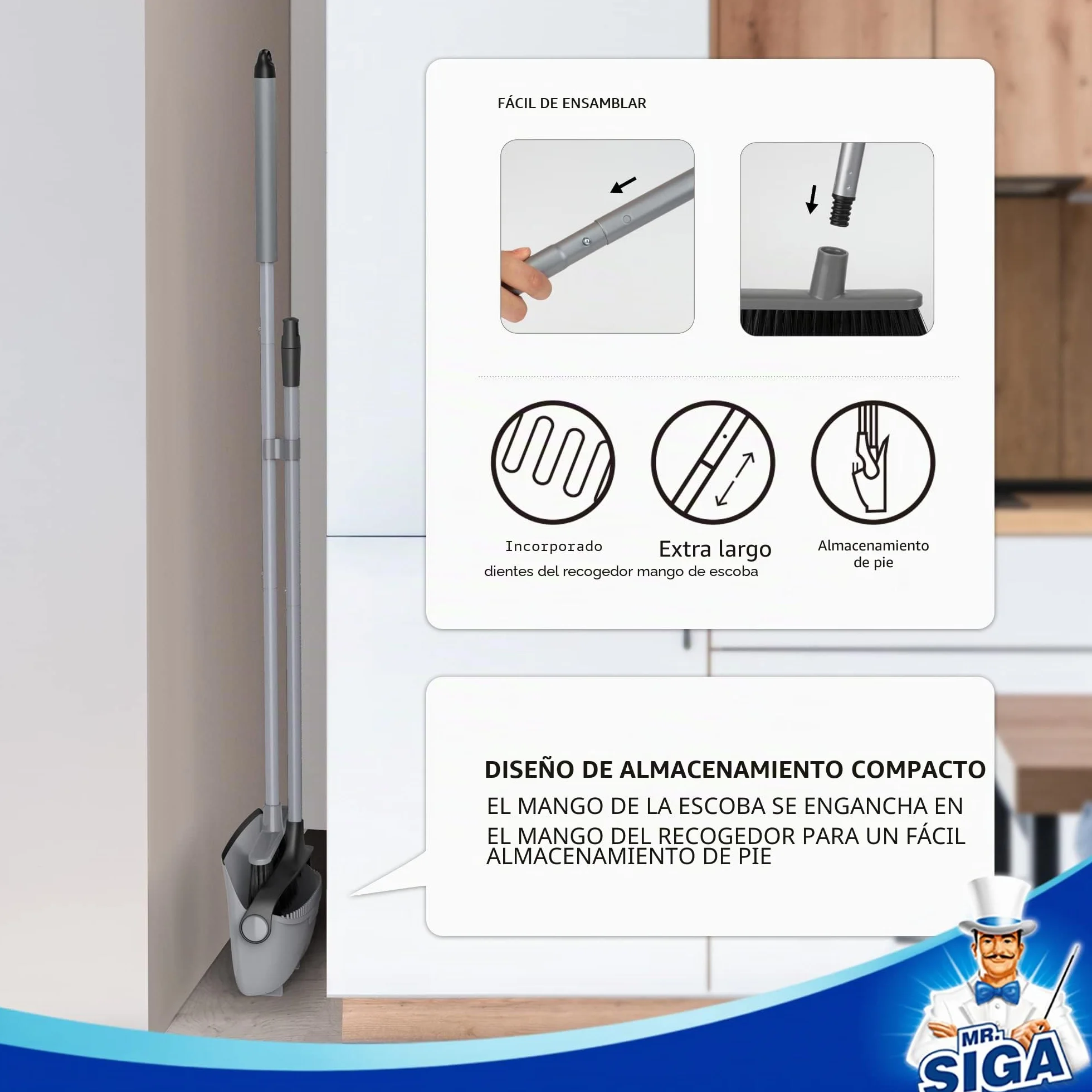 MR.SIGA Juego de Escoba y recogedor de Mango Largo, Combo de barredora Vertical y recogedor para Limpieza de Pisos, Gris