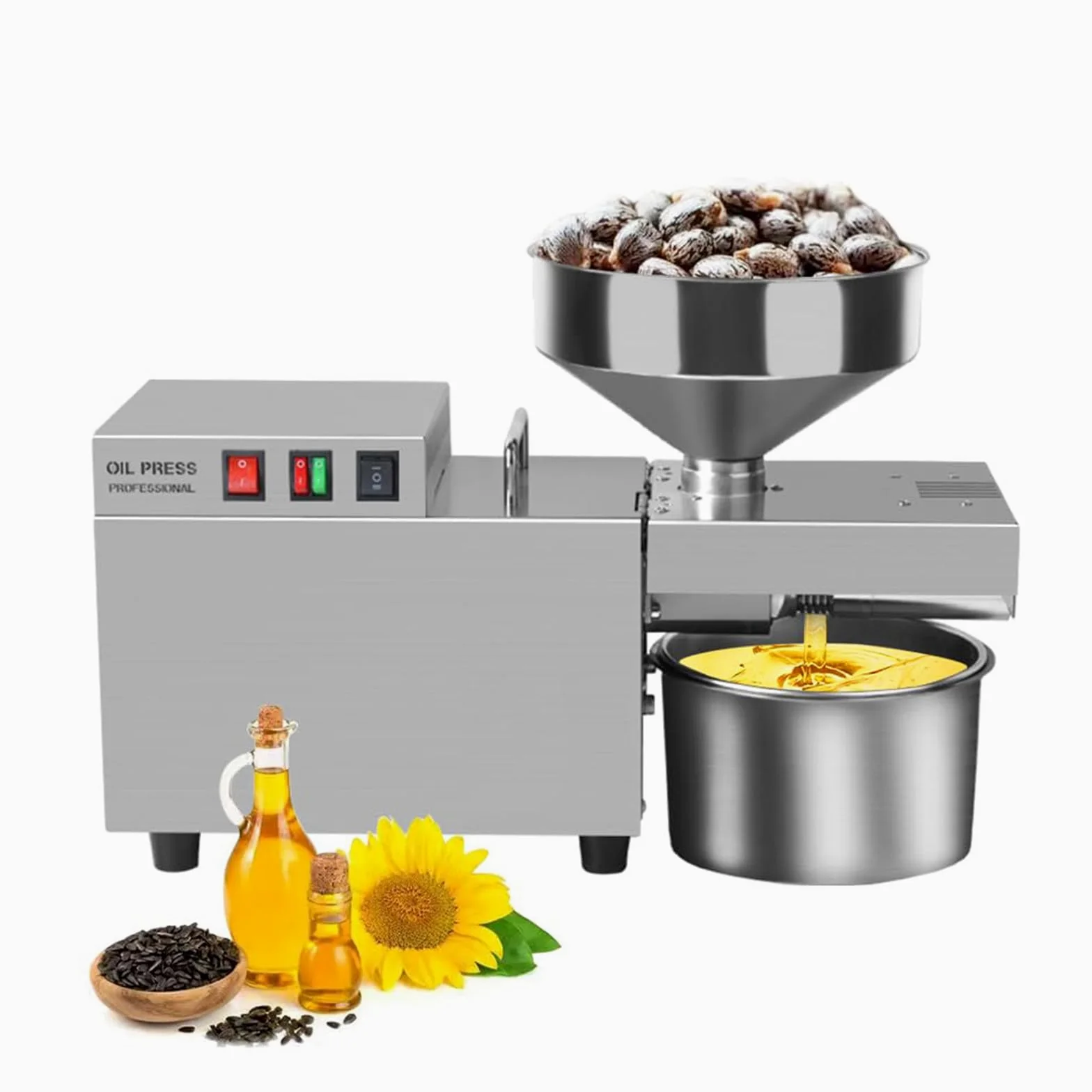 Aceitera Eléctrica, Prensa de Aceite para Oliva, Acero Inoxidable 304, Rendimiento de Aceite 85%, para Uso Doméstico y Profesional, para Aceite de Cacahuetes y Girasol