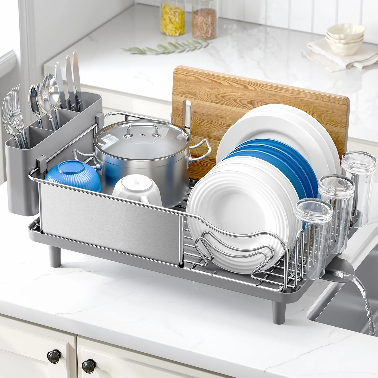Urackify Escurridor de platos de acero inoxidable 304 para encimera de cocina, escurridor de platos con soporte para cubiertos para gran capacidad, gris
