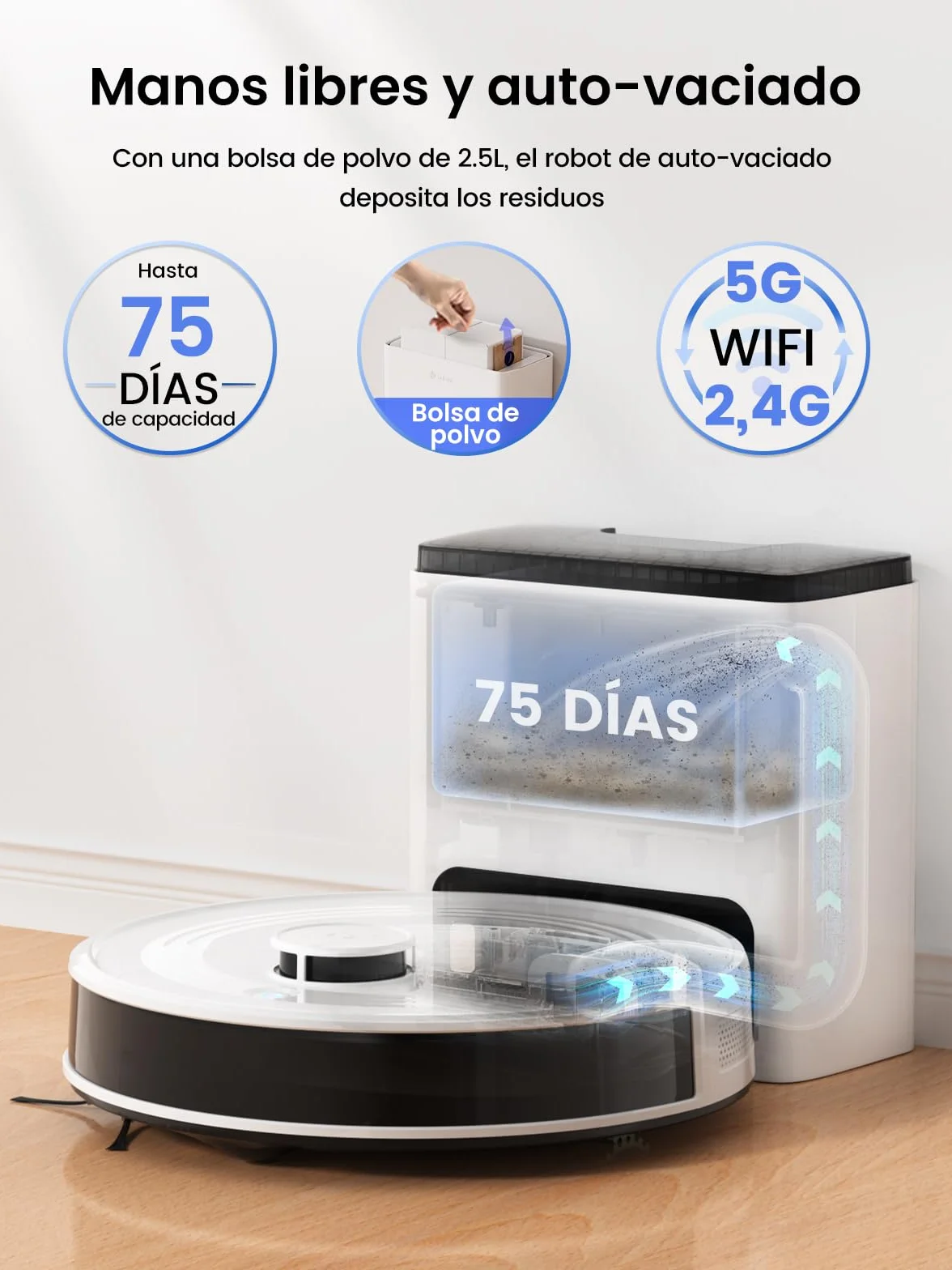 Lefant M2 Plus Robot Aspirador y Fregasuelos, 6000Pa Suction, 140min, Mapeo Inteligente con Base Autovaciado, Navegación LiDar dToF, Ideal para Limpiar Alfombras, Pisos Duros y Pelo Mascotas, Blanco