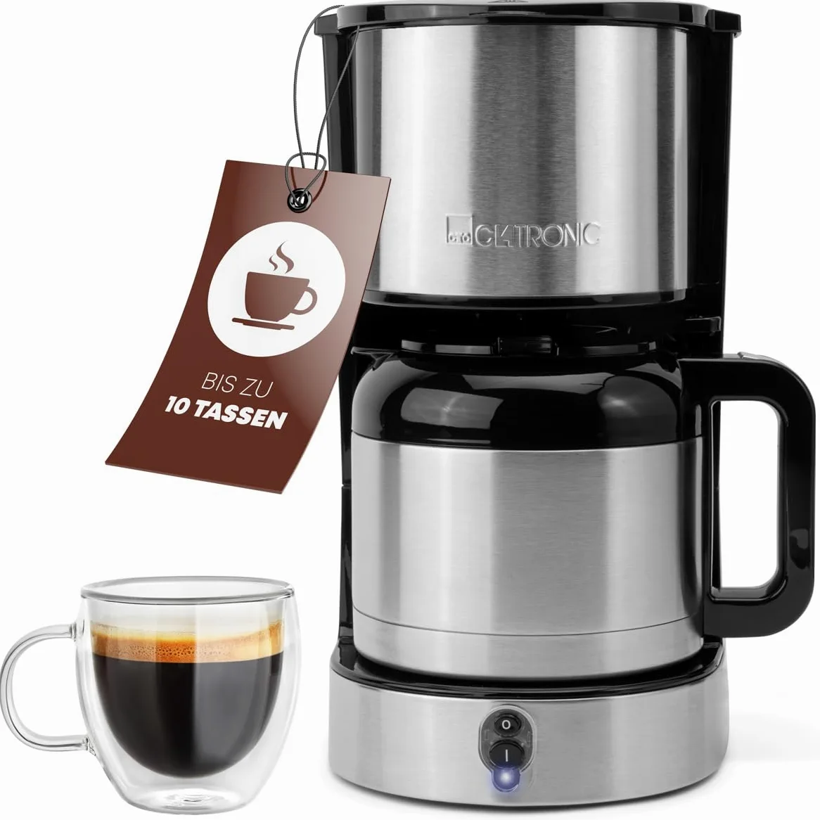 Clatronic, cafetera acero inoxidable, protección antigoteo, portafiltro, jarra termo 1,2L, KA3805, acero inoxidable/negro