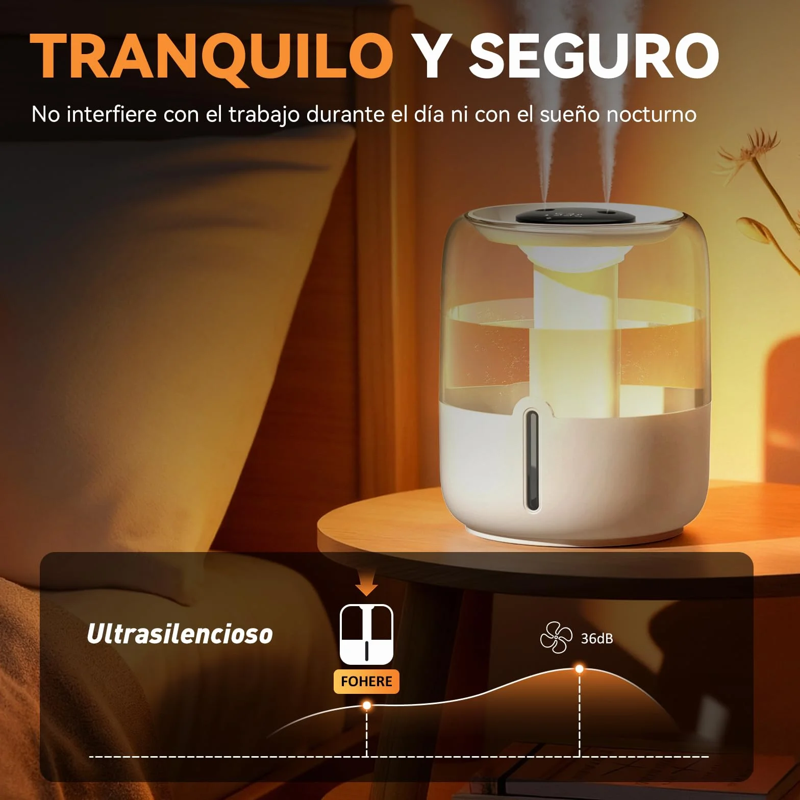 Humidificador 3.8L Top-Fill Silencioso 36dB 30H Autonomía Luz Nocturna Apagado Automático para Bebés y Plantas