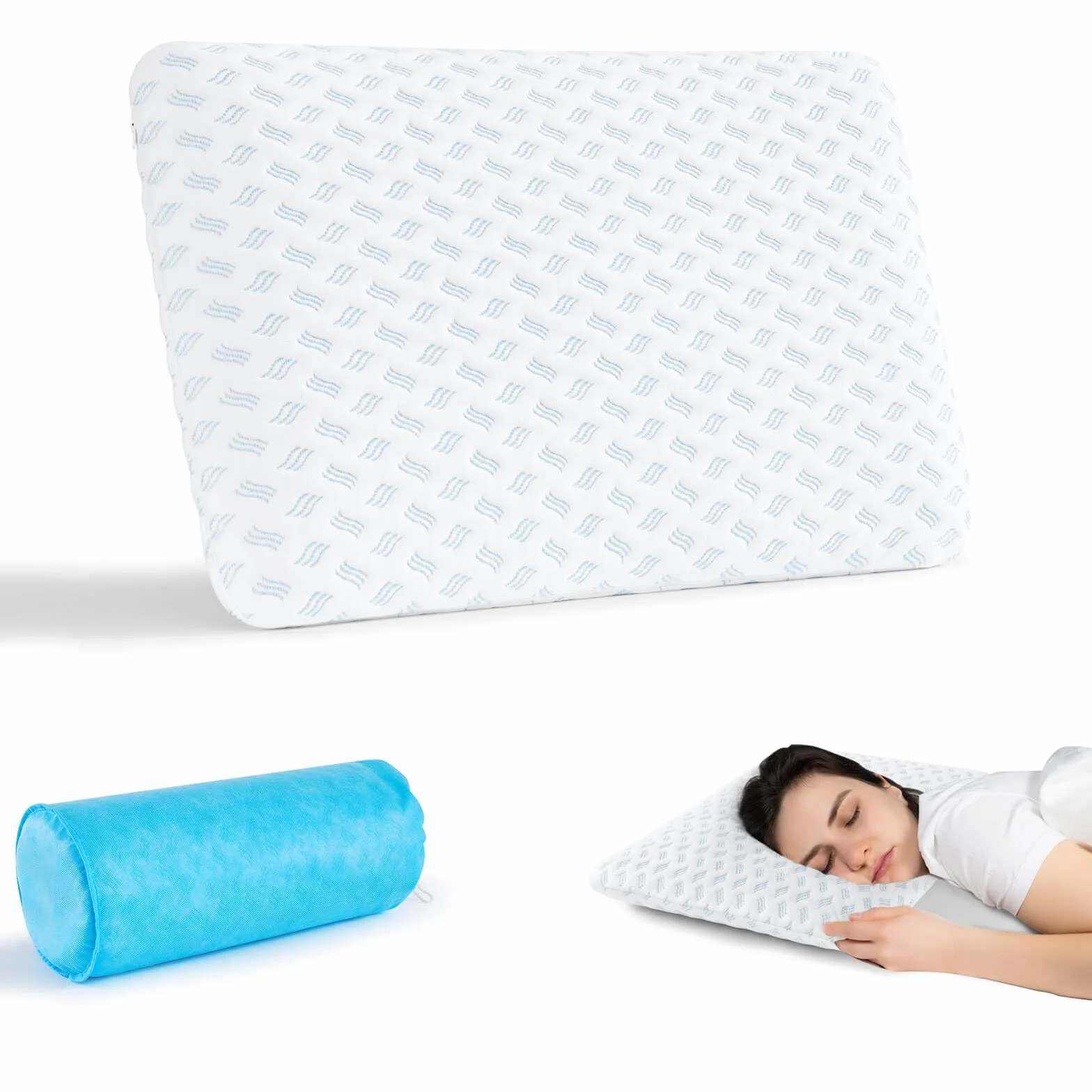Almohada de espuma viscoelástica súper fina, 40 x 60 x 7 cm, suave para un sueño reparador, con bolsa para viajes, yoga, meditación, funda lavable