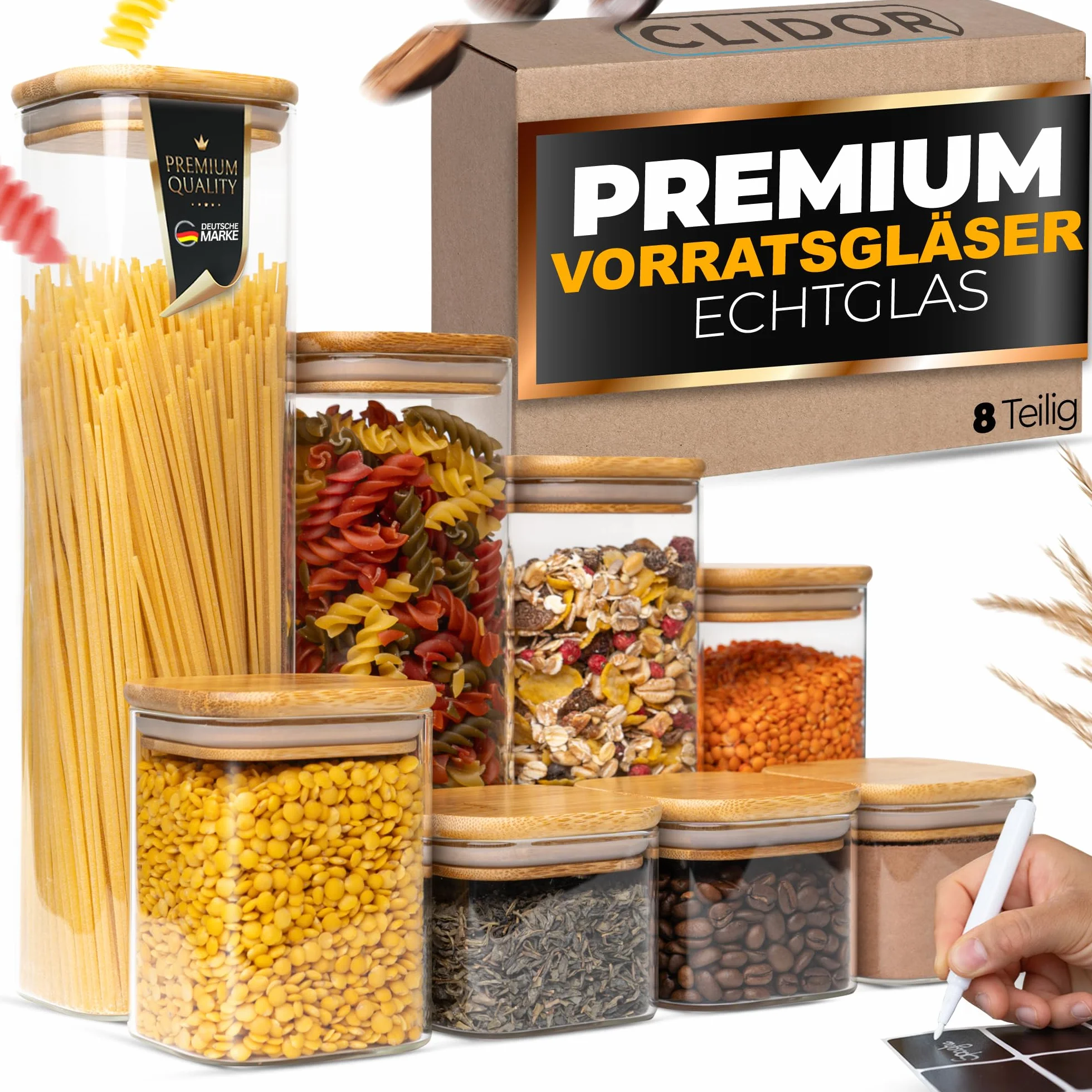 CLIDOR Tarros de almacenamiento con tapa, rectangulares, juego de 8 unidades – 5,2 l de volumen, mayor grosor de cristal, tarros con tapa hermética, caja de almacenamiento de cocina para todos los