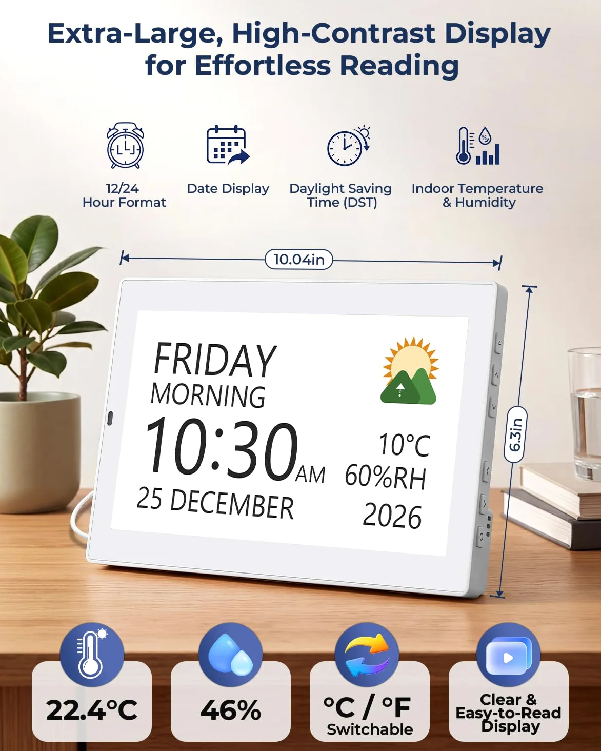 ROCAM Reloj Digital de 10,1" para Mayores, Despertador con Calendario | Reloj Calendario Alzheimer con Fecha y Día, 20 Recordatorios y Alarmas, fotos USB/SD, temperatura, humedad, pared o mesa